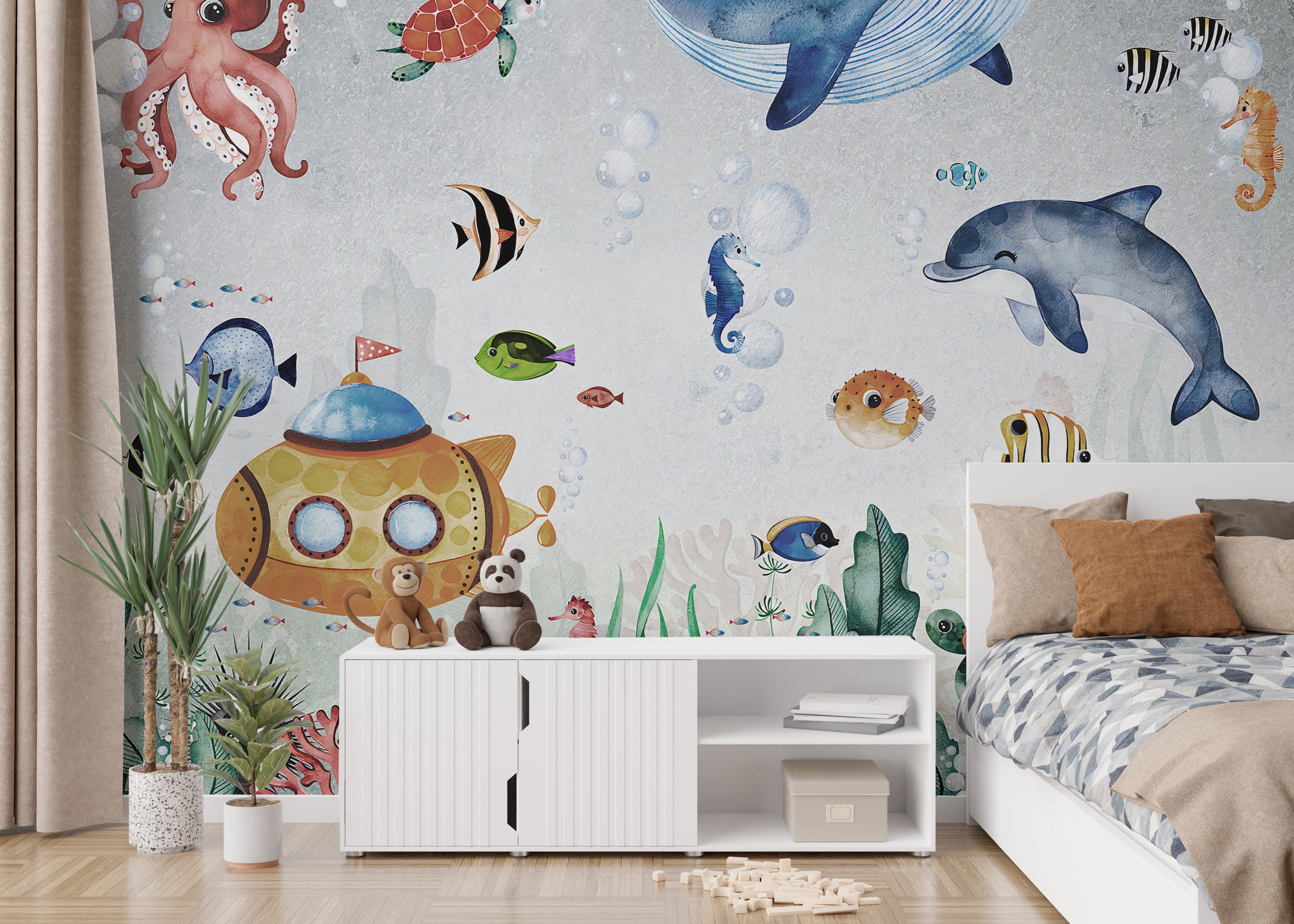 Underwater mural featuring fish and sea life