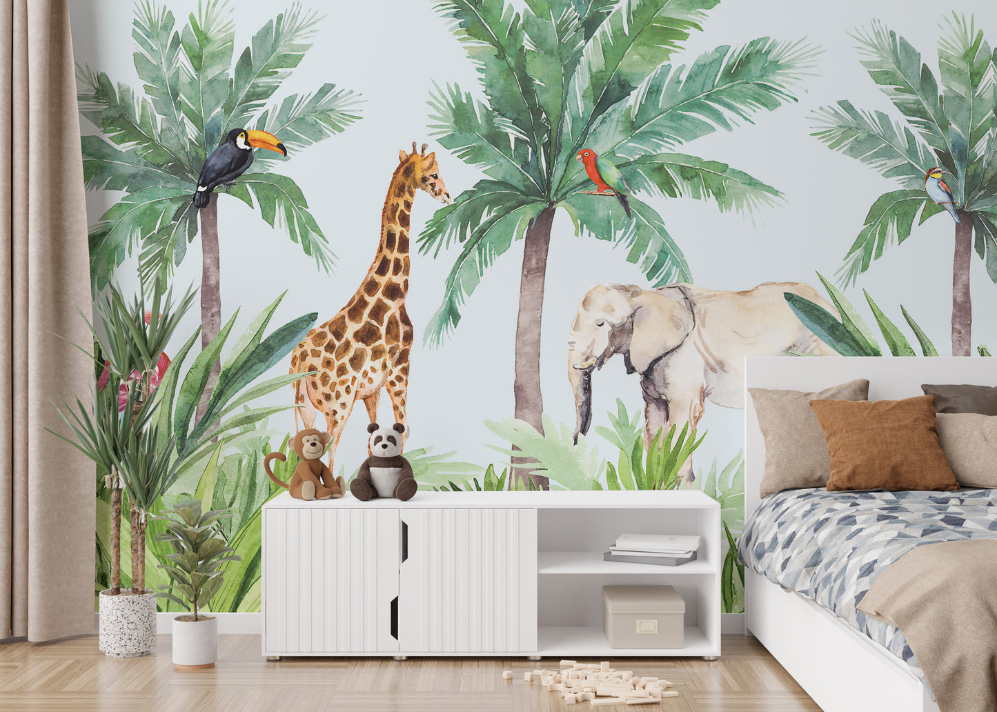 Stylish kids room wallpaper with watercolor animals
