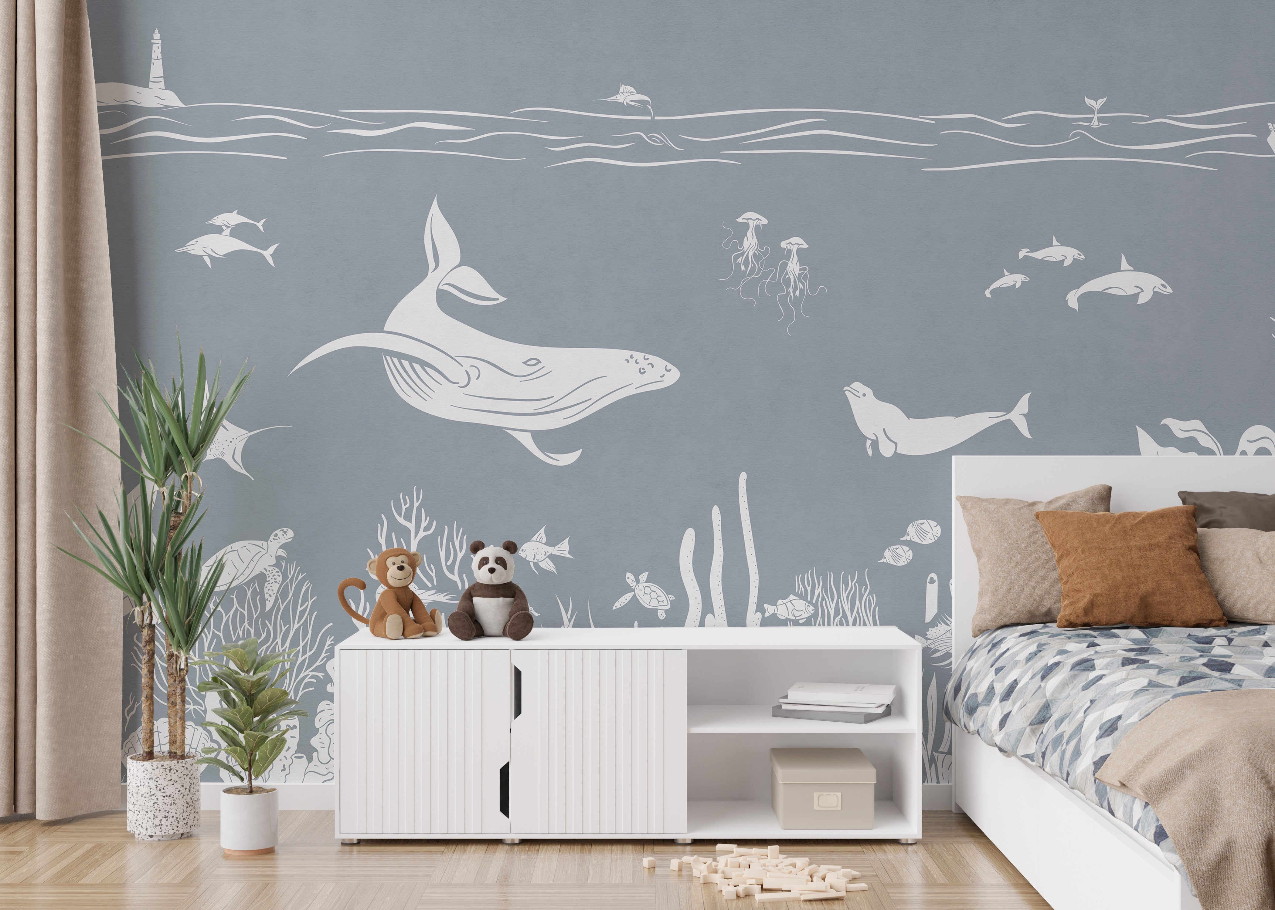 Elegant Monochrome Sea Blue mural for modern walls.
