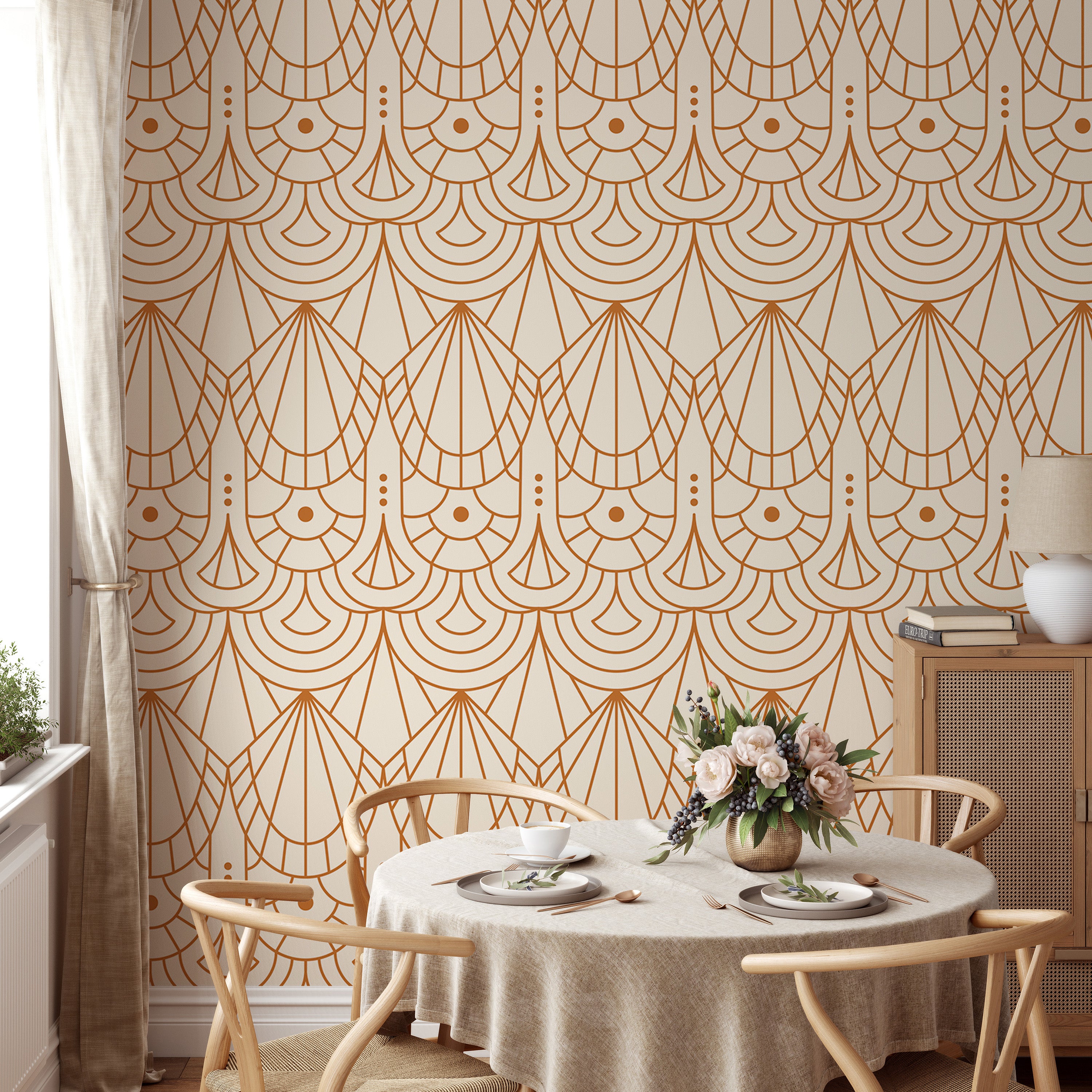 Beige and orange Deco wallpaper repeat design.