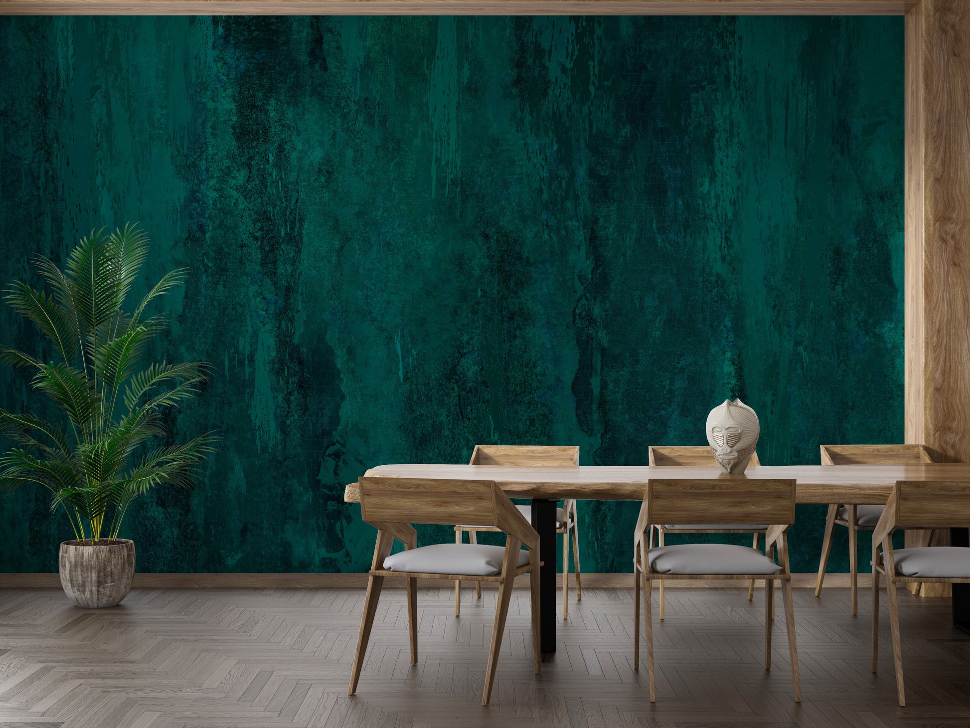 Distressed green wall mural with a grunge, urban feel.
