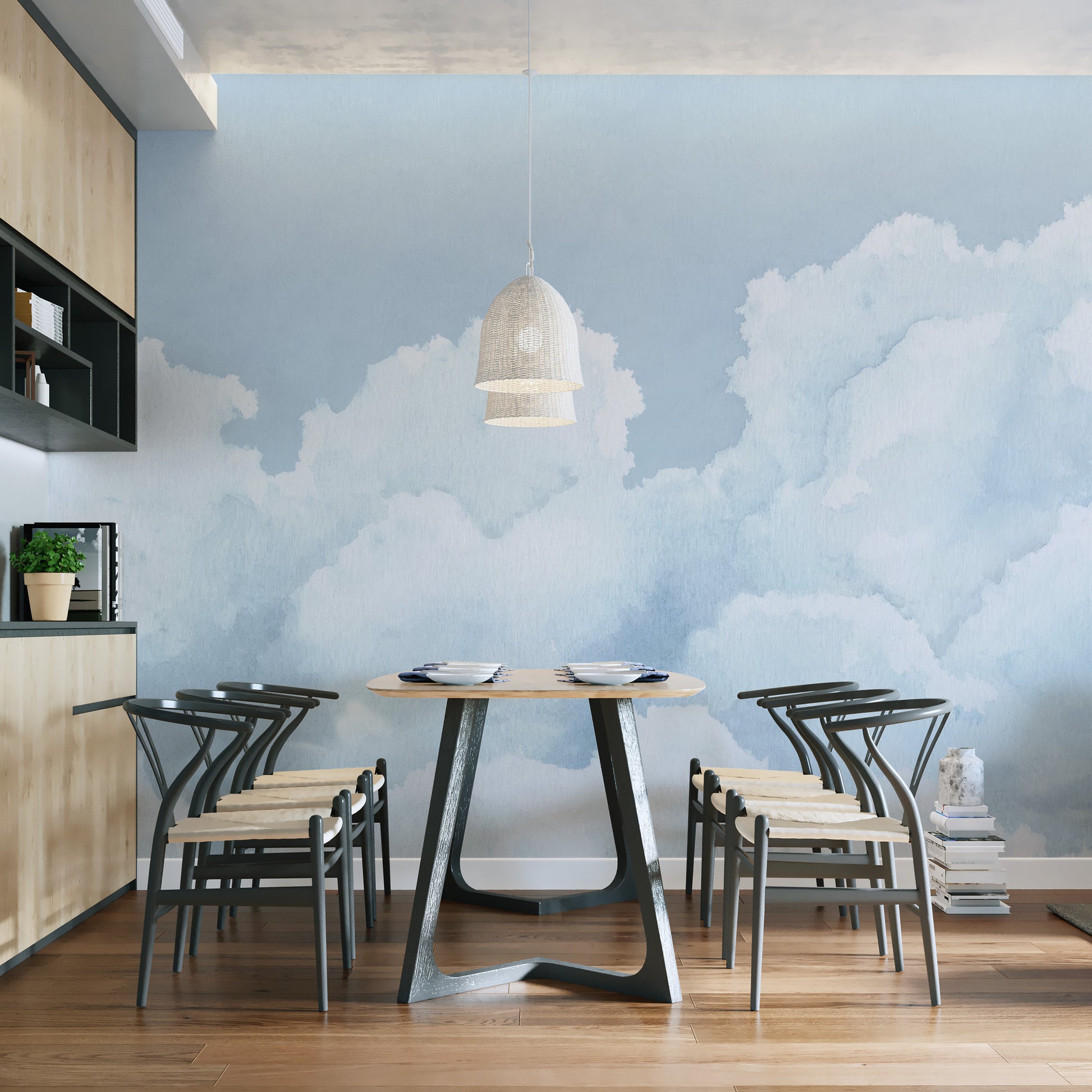 Wallpaper mural featuring a soft light blue sky with clouds
