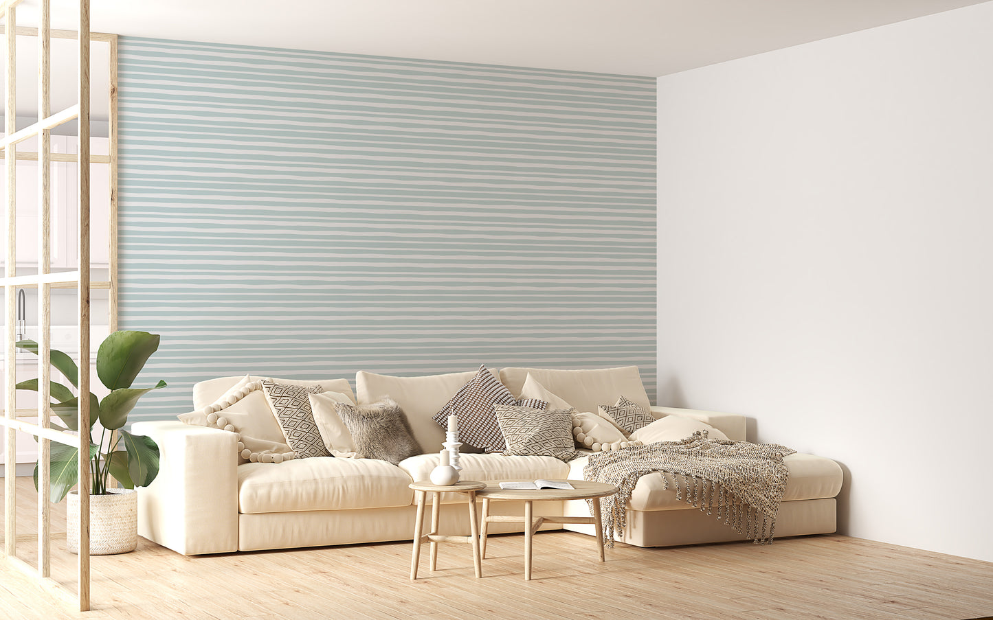 Sea Green Color Horizontal Striped Wallpaper