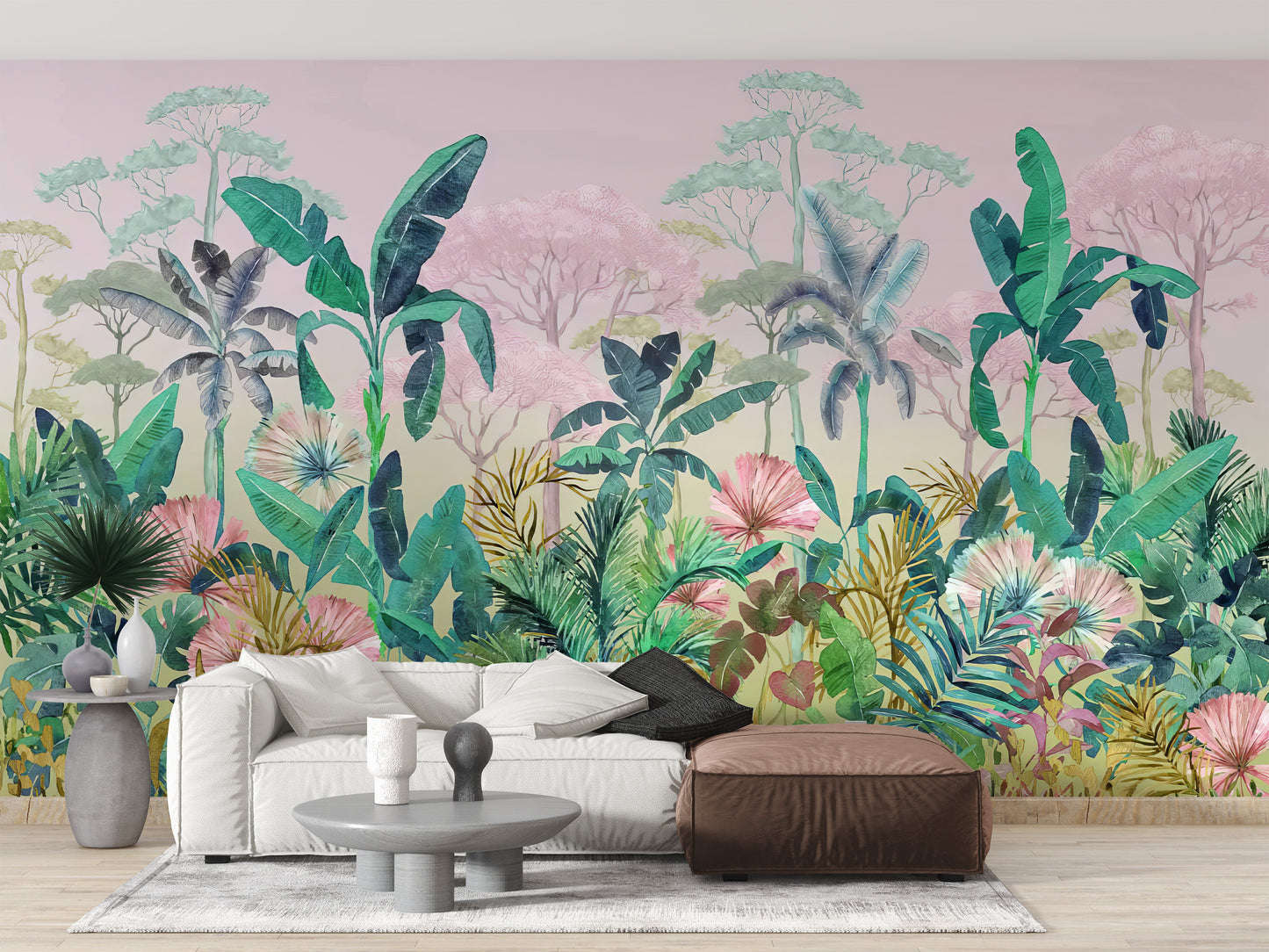 Exotic tropical jungle mural with rich green plant life
