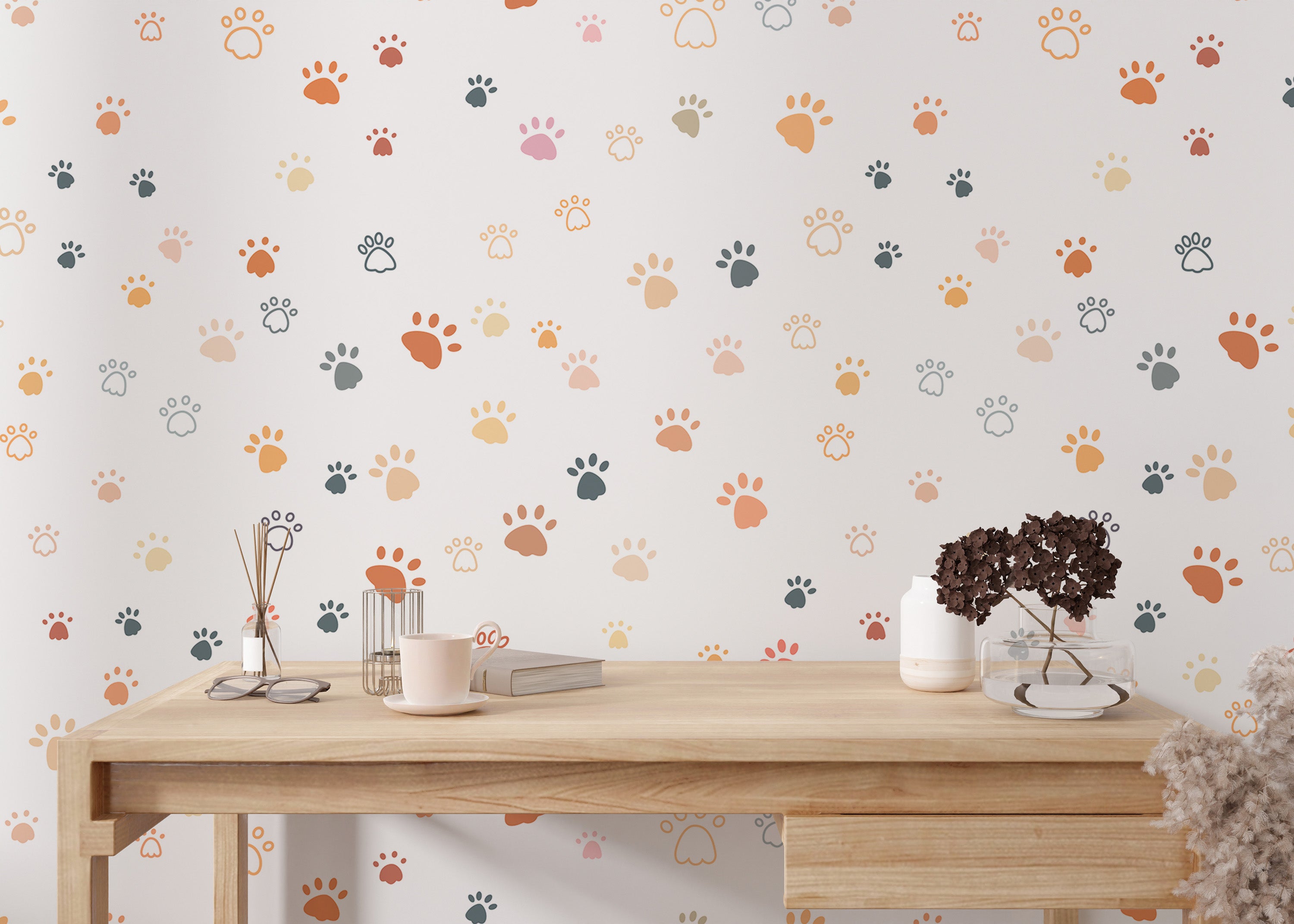 Vibrant wallpaper with colored cat paw prints design