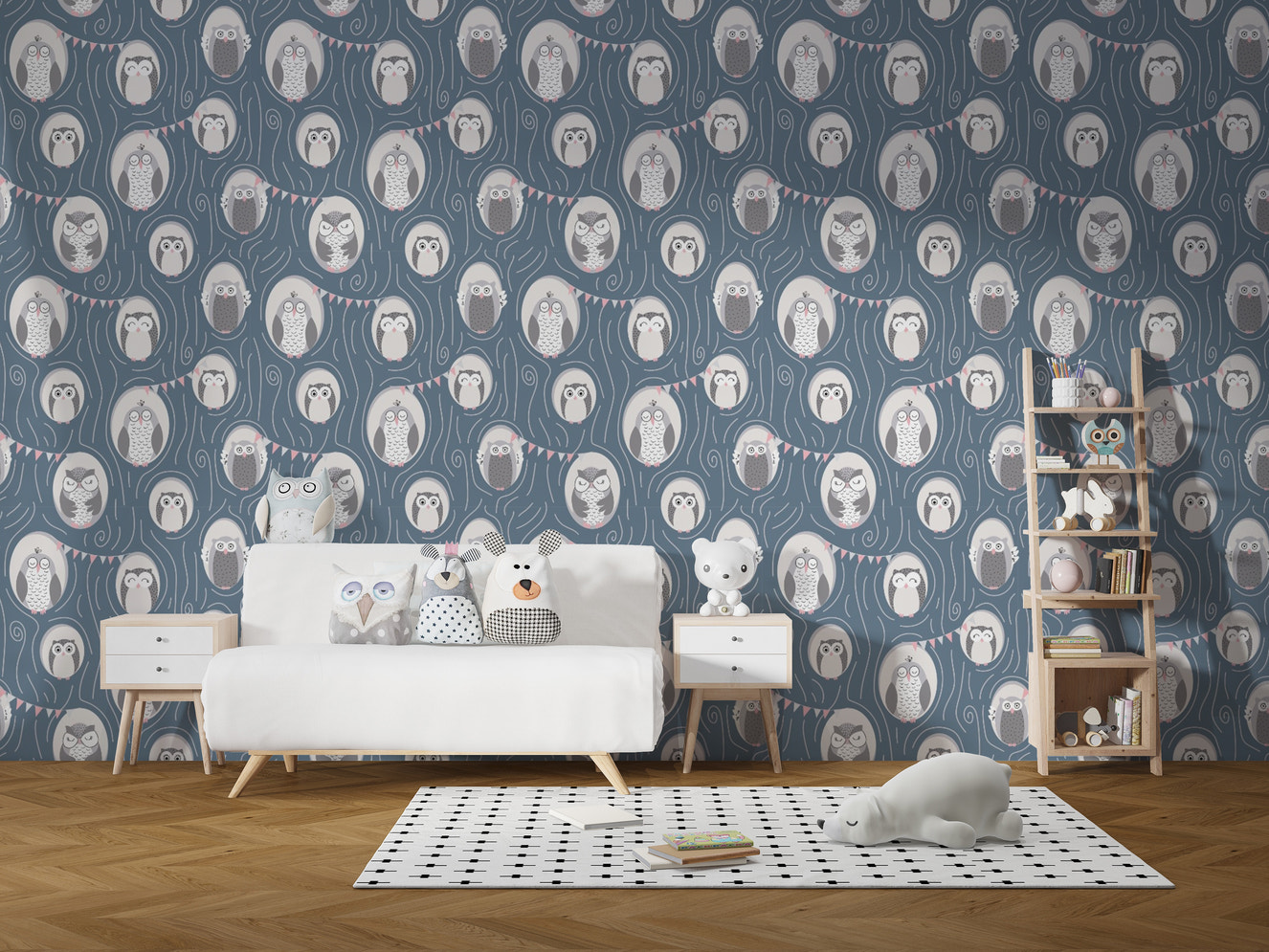 Kids room wallpaper with repeating owls, burrows, and tree patterns