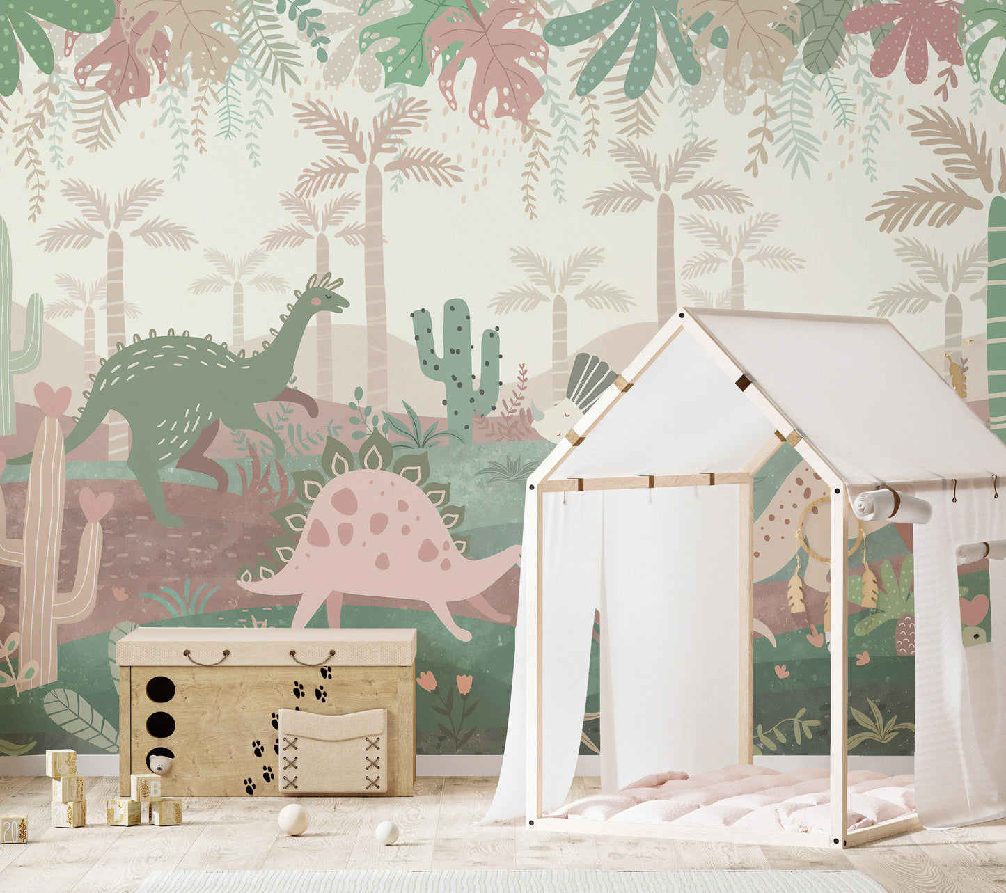 Cute dinosaur parade mural with pastel hues