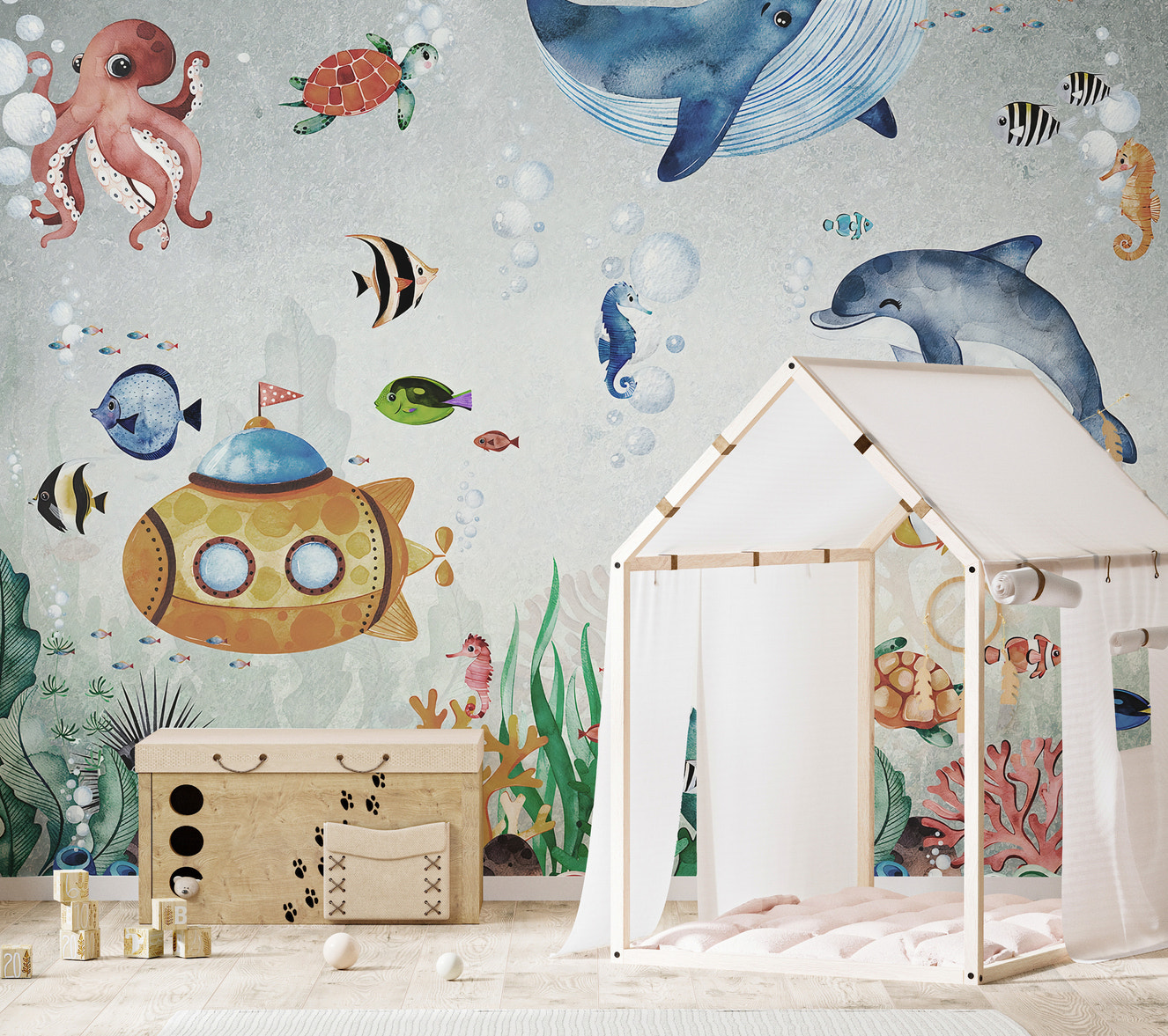 Underwater mural with fish and marine life