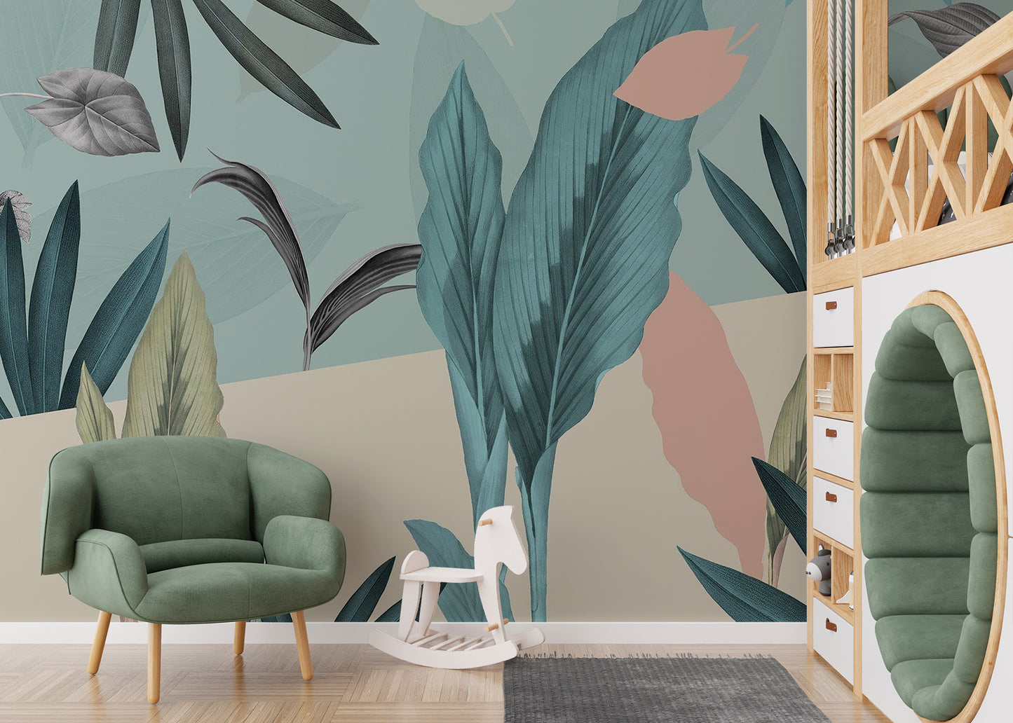 Elegant green tropical leaves mural for serene spaces
