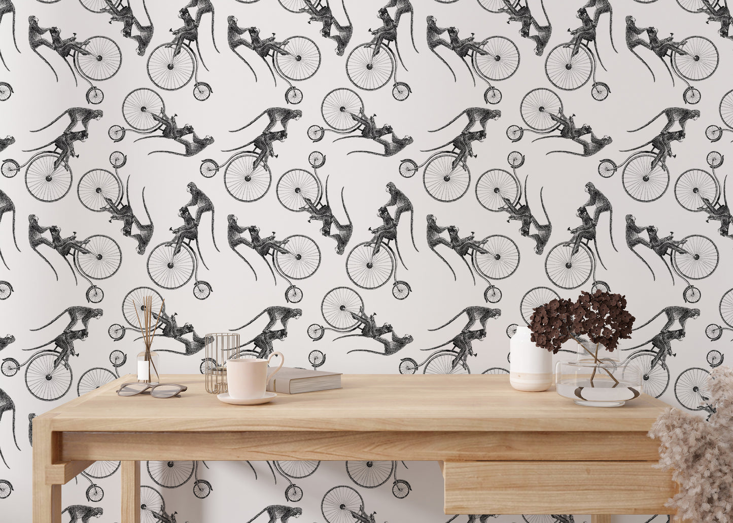 Monkeys on bikes wallpaper with repeat pattern design