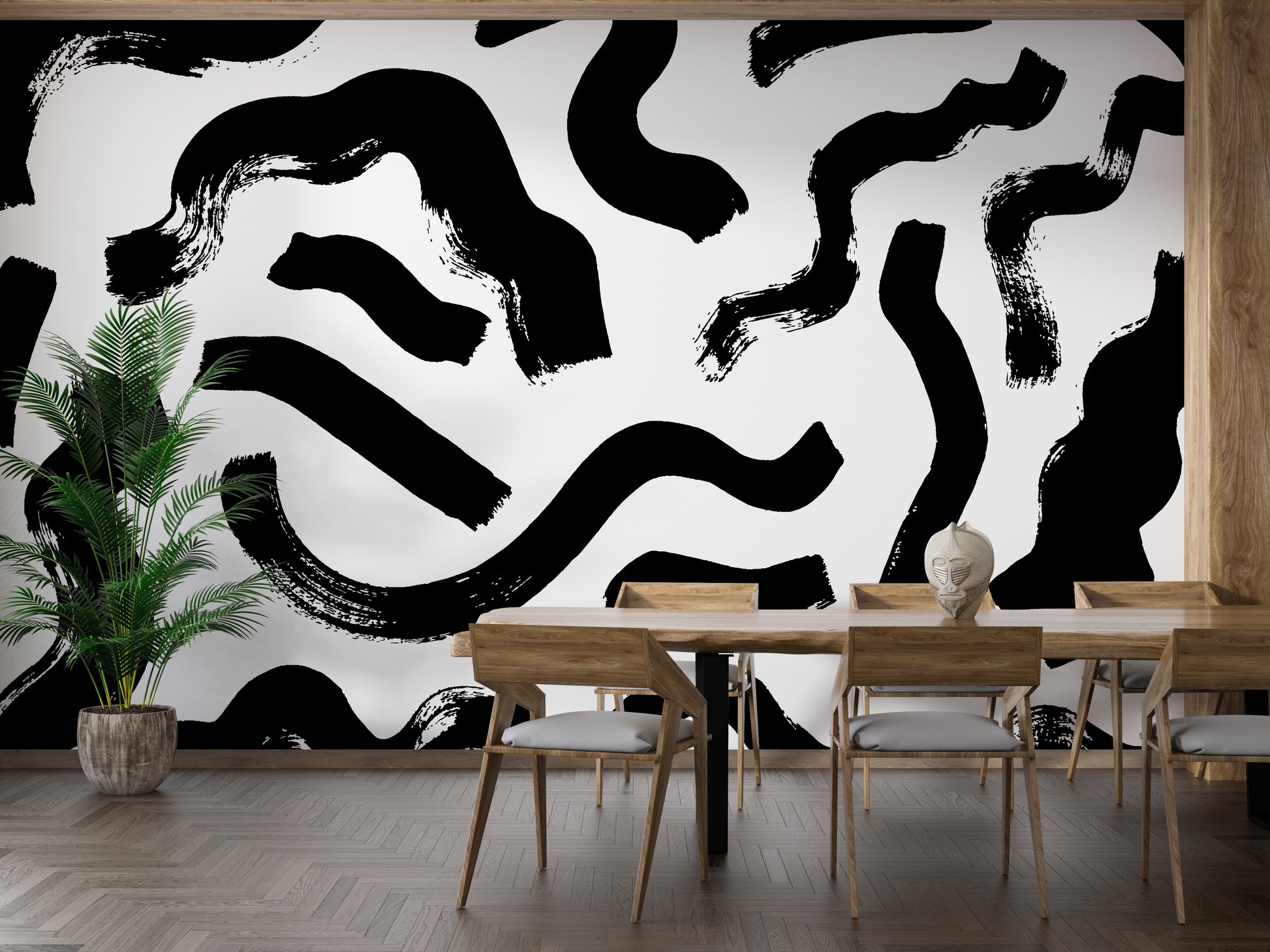 Black brushstroke design mural with dynamic abstract art.
