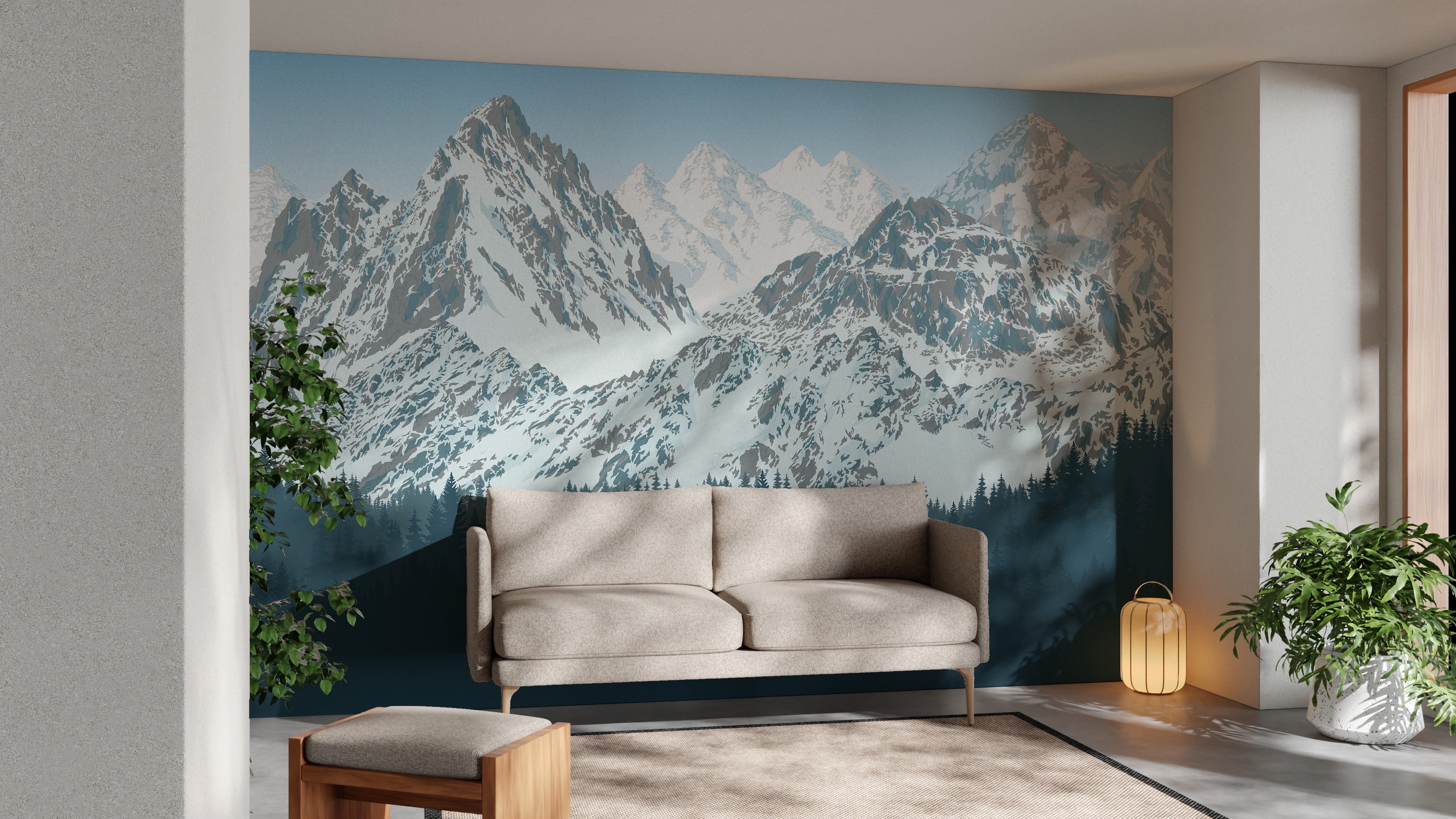 Wallpaper showing snowy peaks and forest
