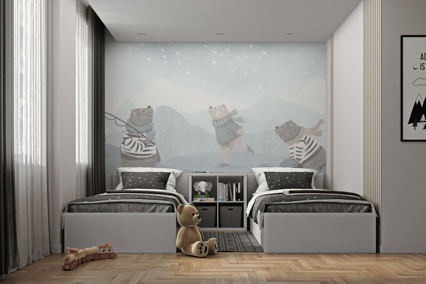 Starry night wall art with playful bear accents