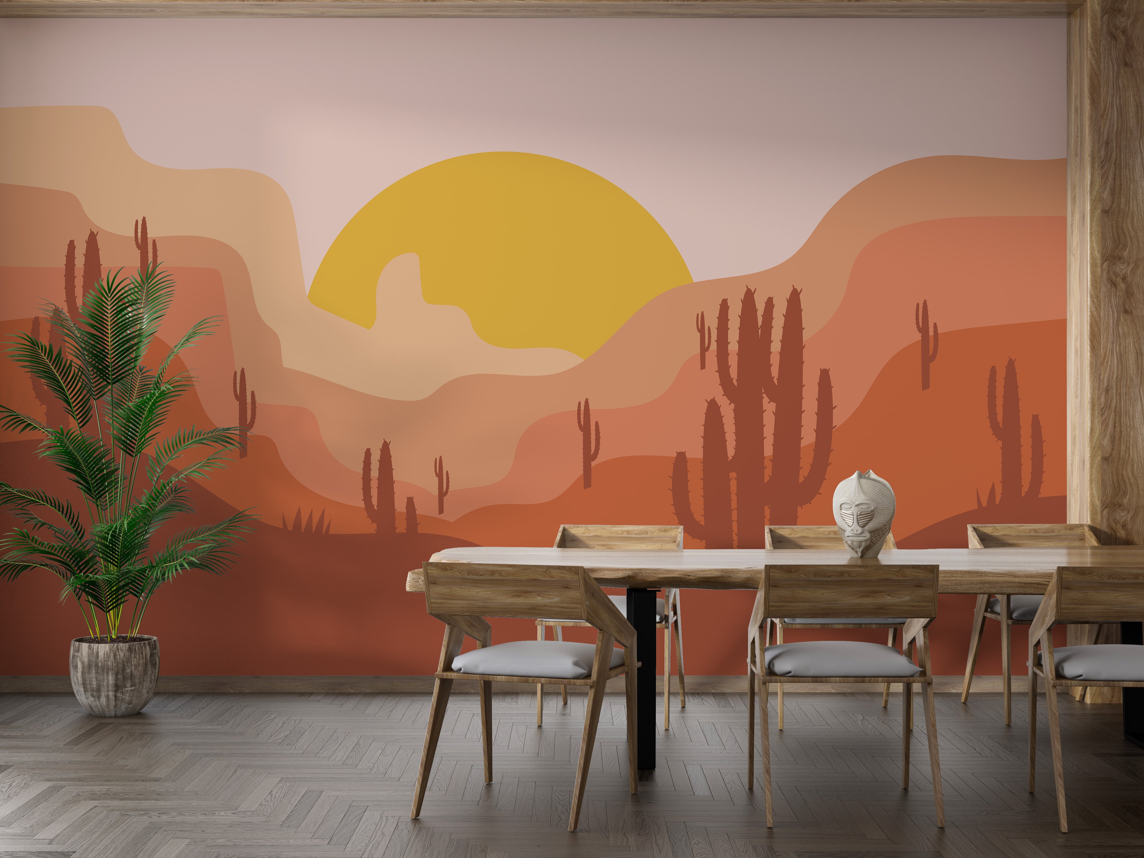 Cactus with golden sunlight glow wall mural art piece.