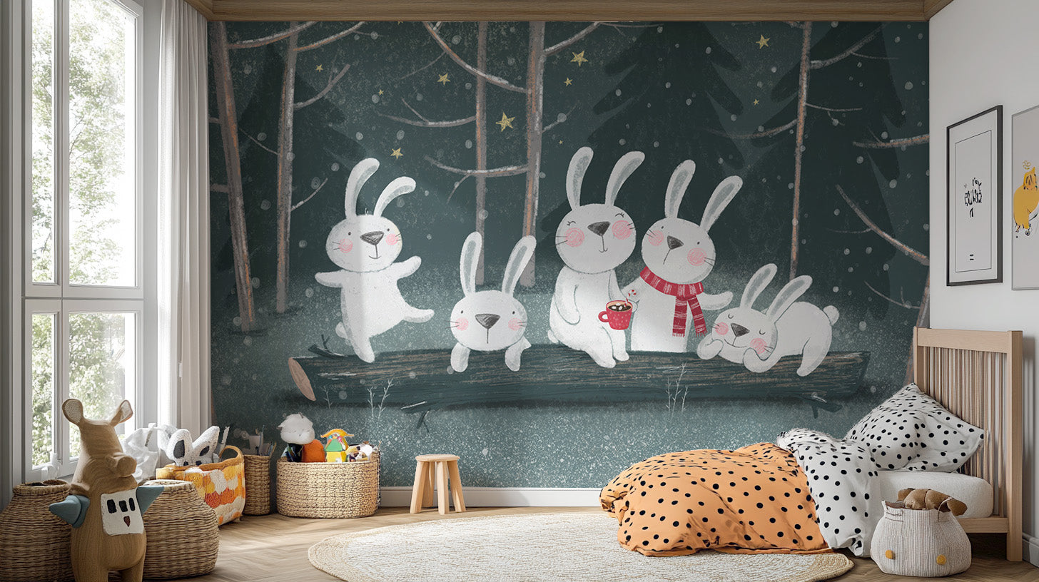 Winter wonderland rabbit mural for a serene wall design