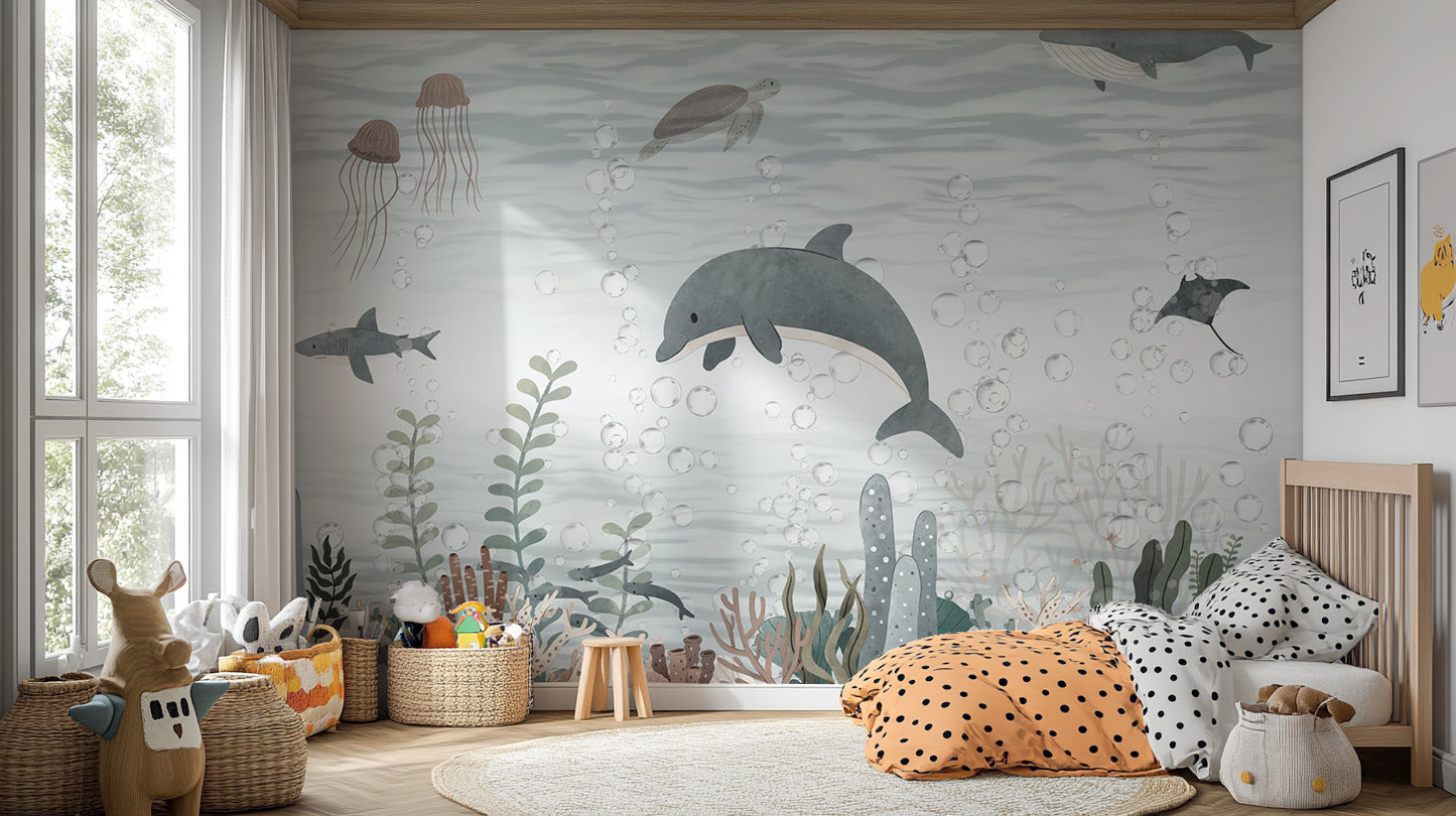 Dolphin-themed wall mural with playful ocean design