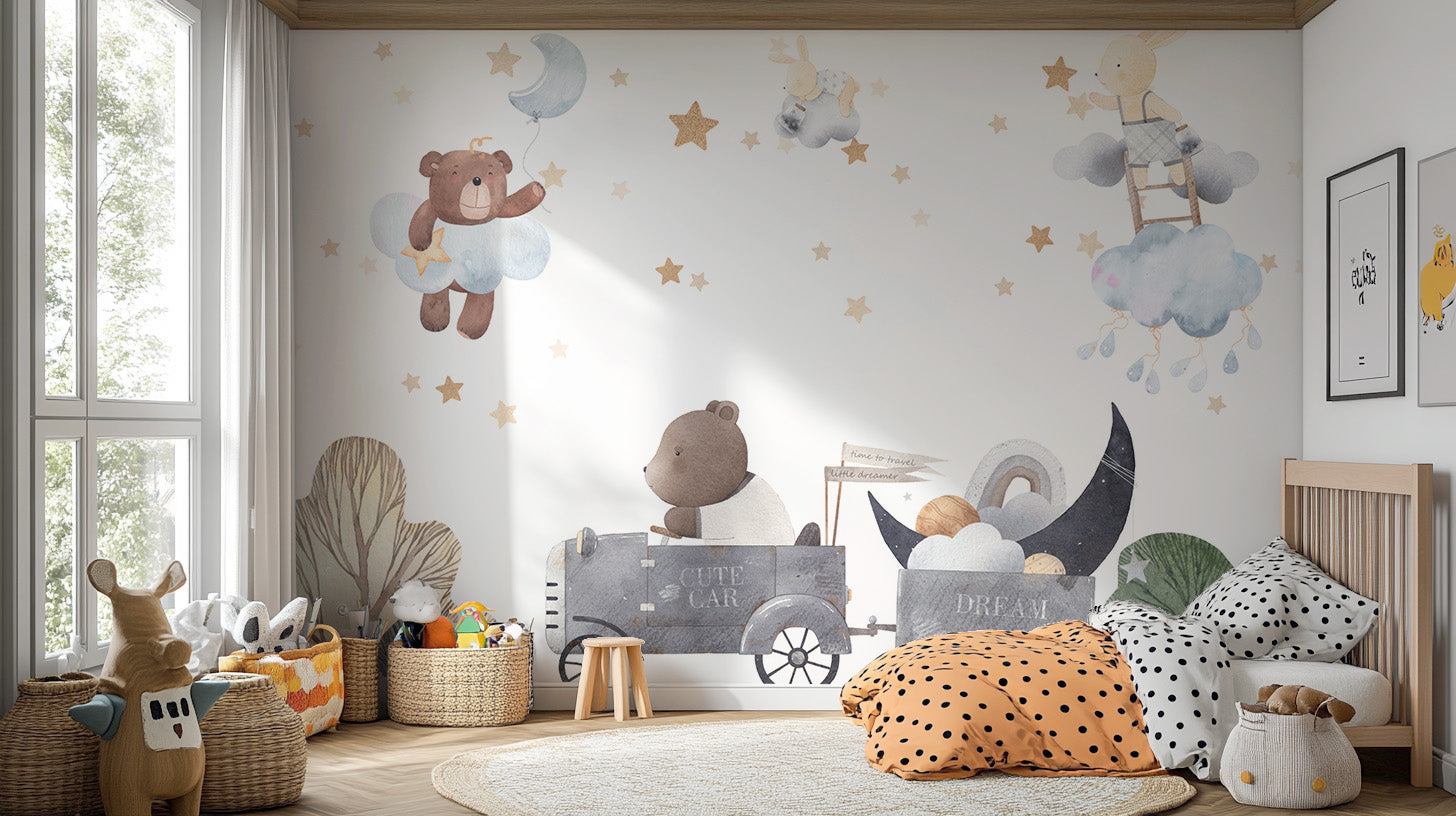 Self-adhesive cloud bears mural for whimsical spaces