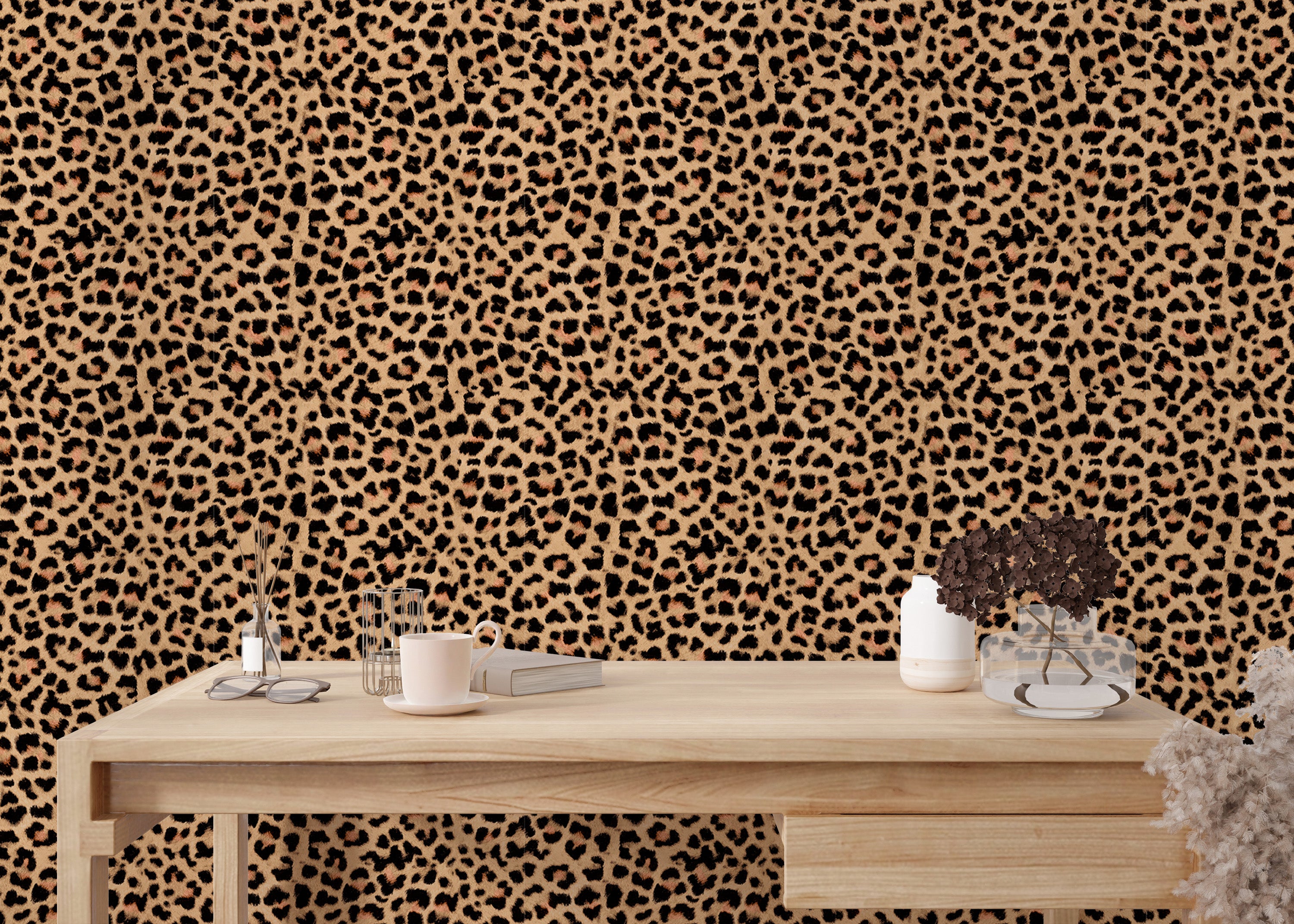 Elegant wallpaper featuring brown leopard print design