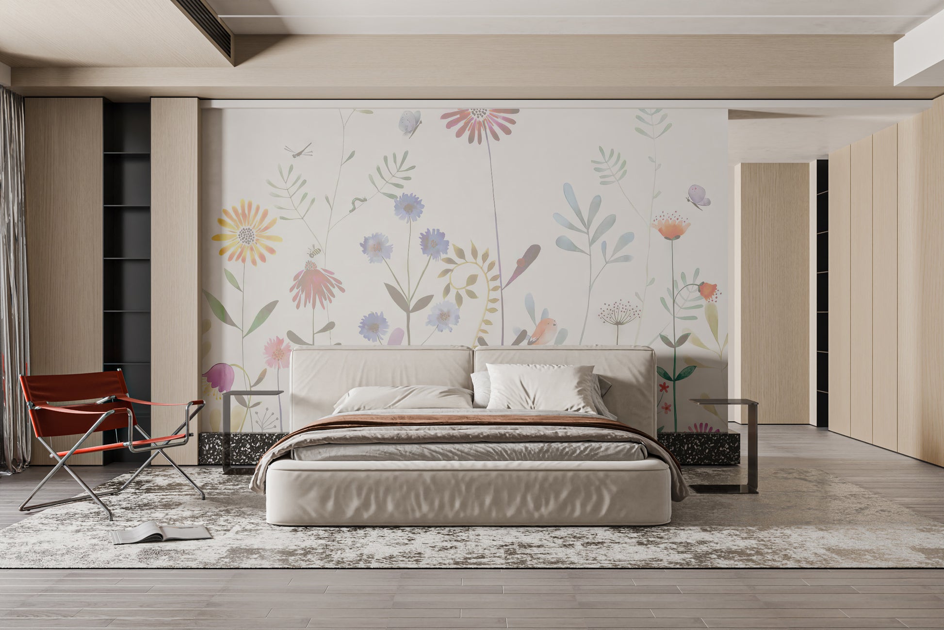 Self-adhesive bright flowers wallpaper for interiors