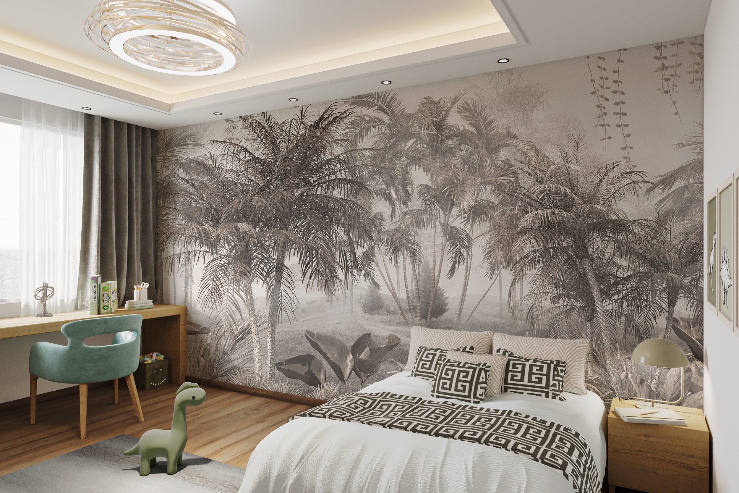 Subtle nature-inspired tropical wall mural design.