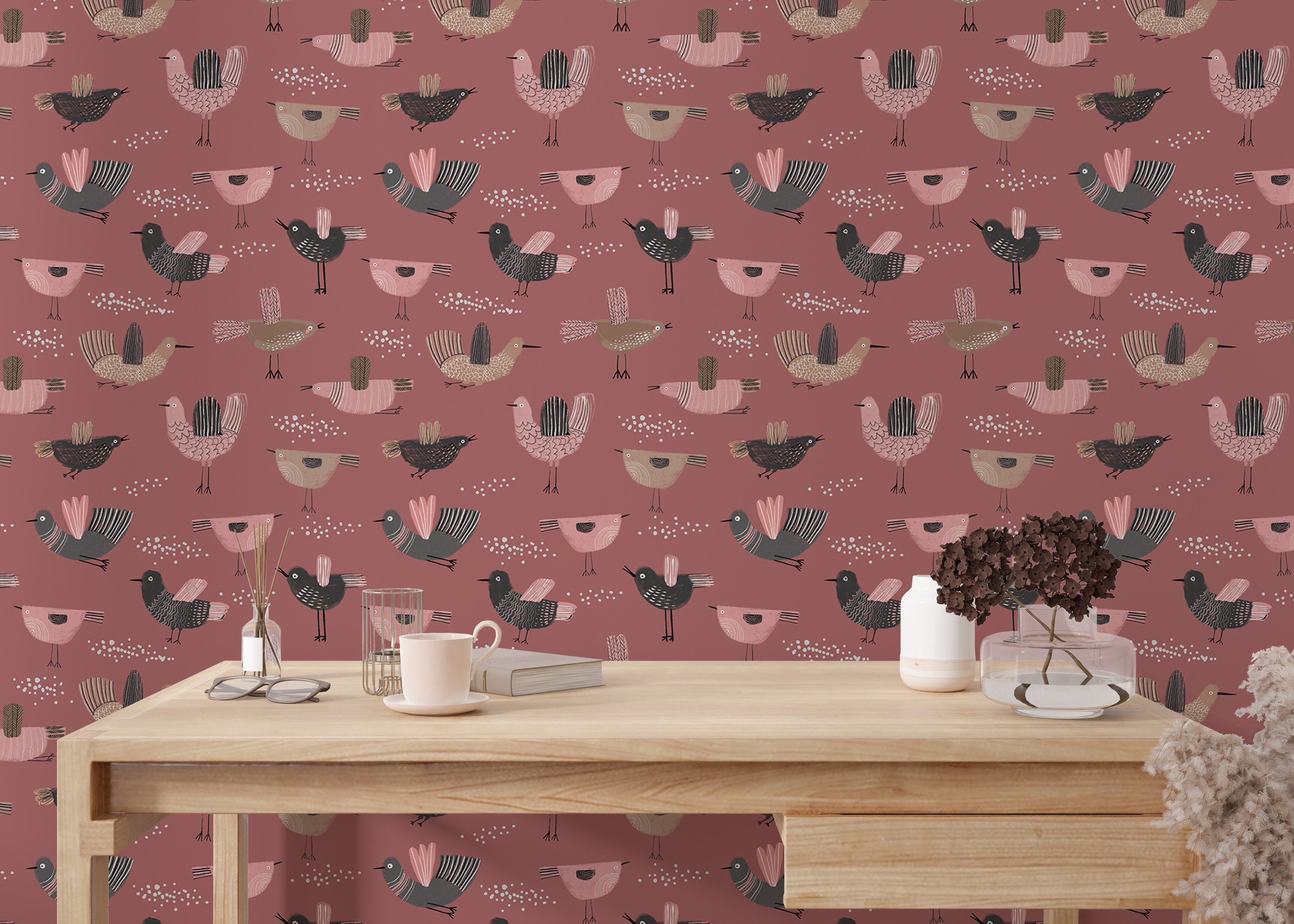 Whimsical hand-drawn birds wallpaper with pink backdrop