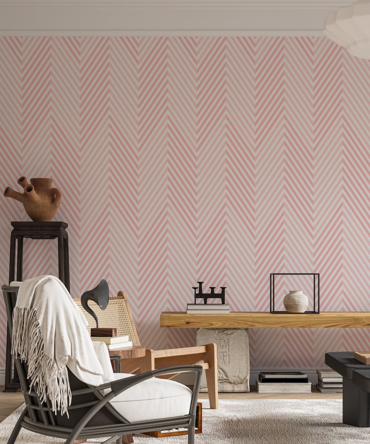 Chevron Pink and White Geometric Vector Wallpaper