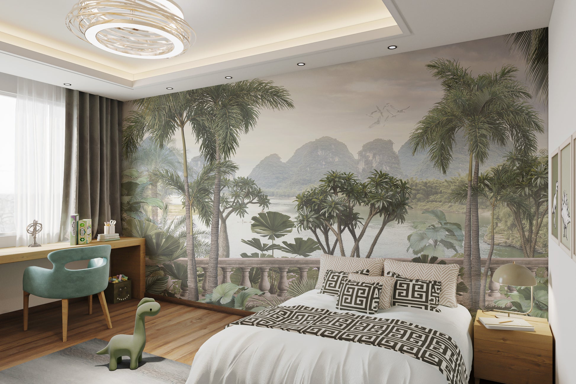 Misty jungle with tropical trees and mountains mural