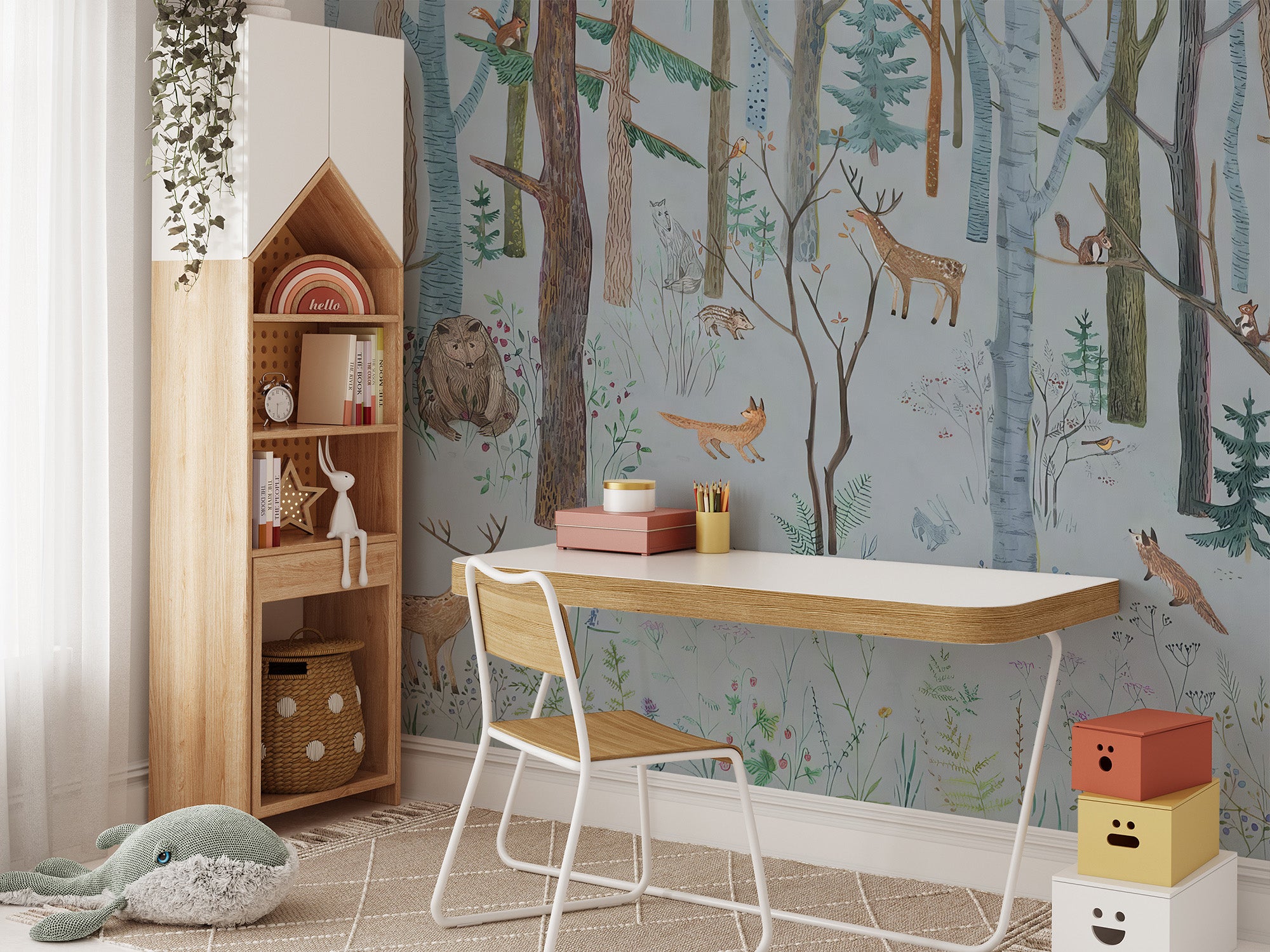 Whimsical woodland wildlife mural for vibrant wall accents