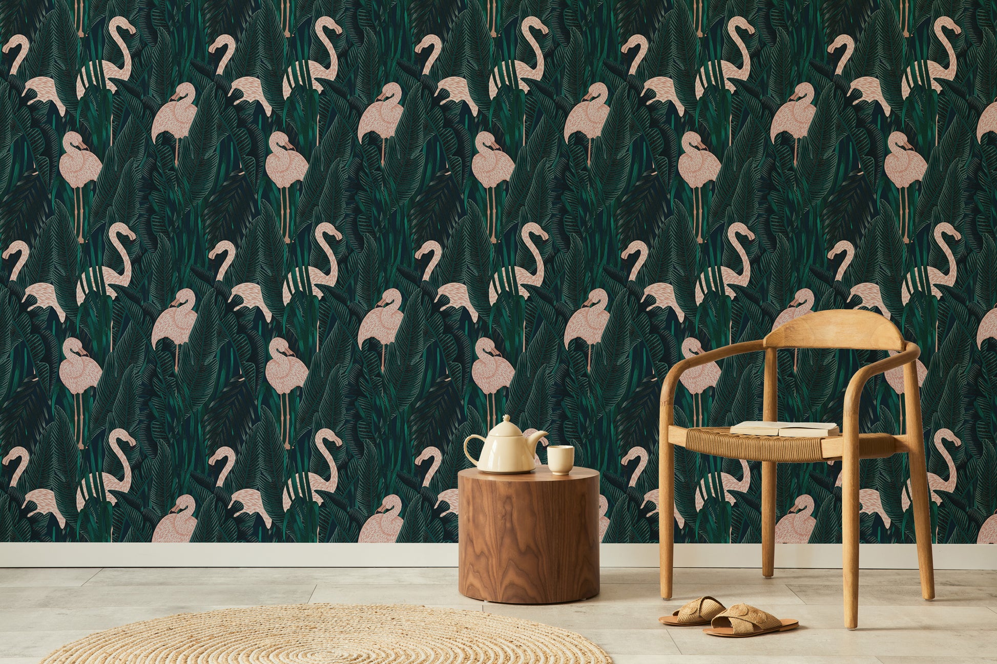 Exotic wallpaper with flamingos and tropical richness