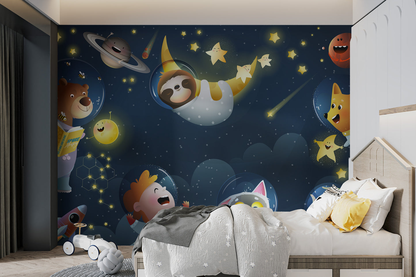 Fun wall mural of kids and animals in space