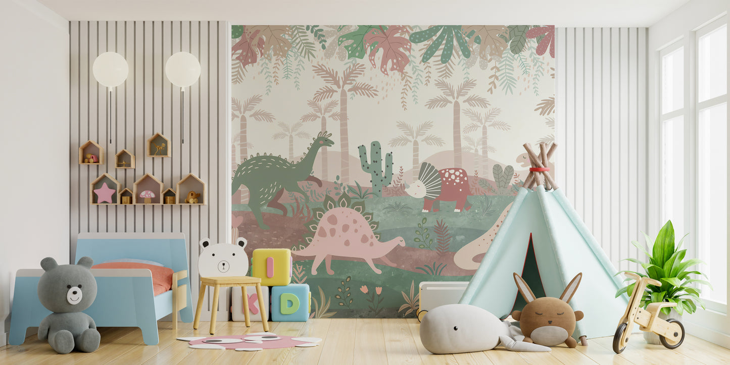 Fun pastel dinosaur mural with lively details