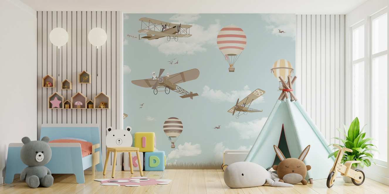 Playful mural of balloons and airplanes