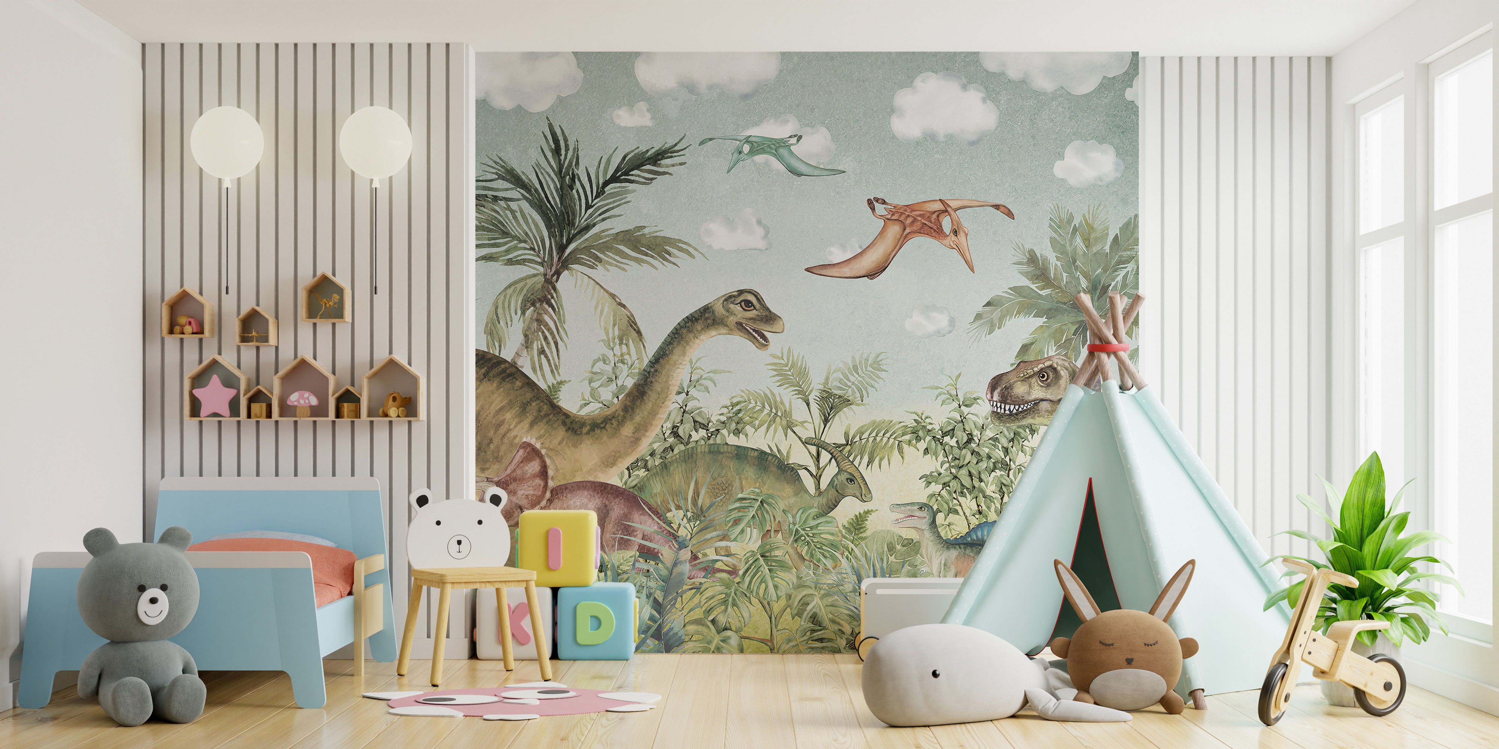 Jurassic era mural with timeless dinosaur scenes