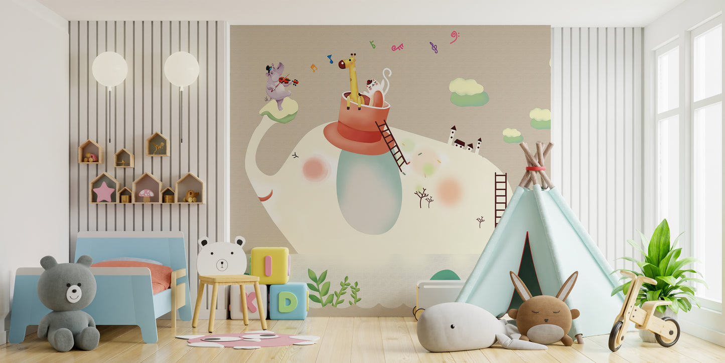 Adorable cartoon elephants on beige wallpaper.
