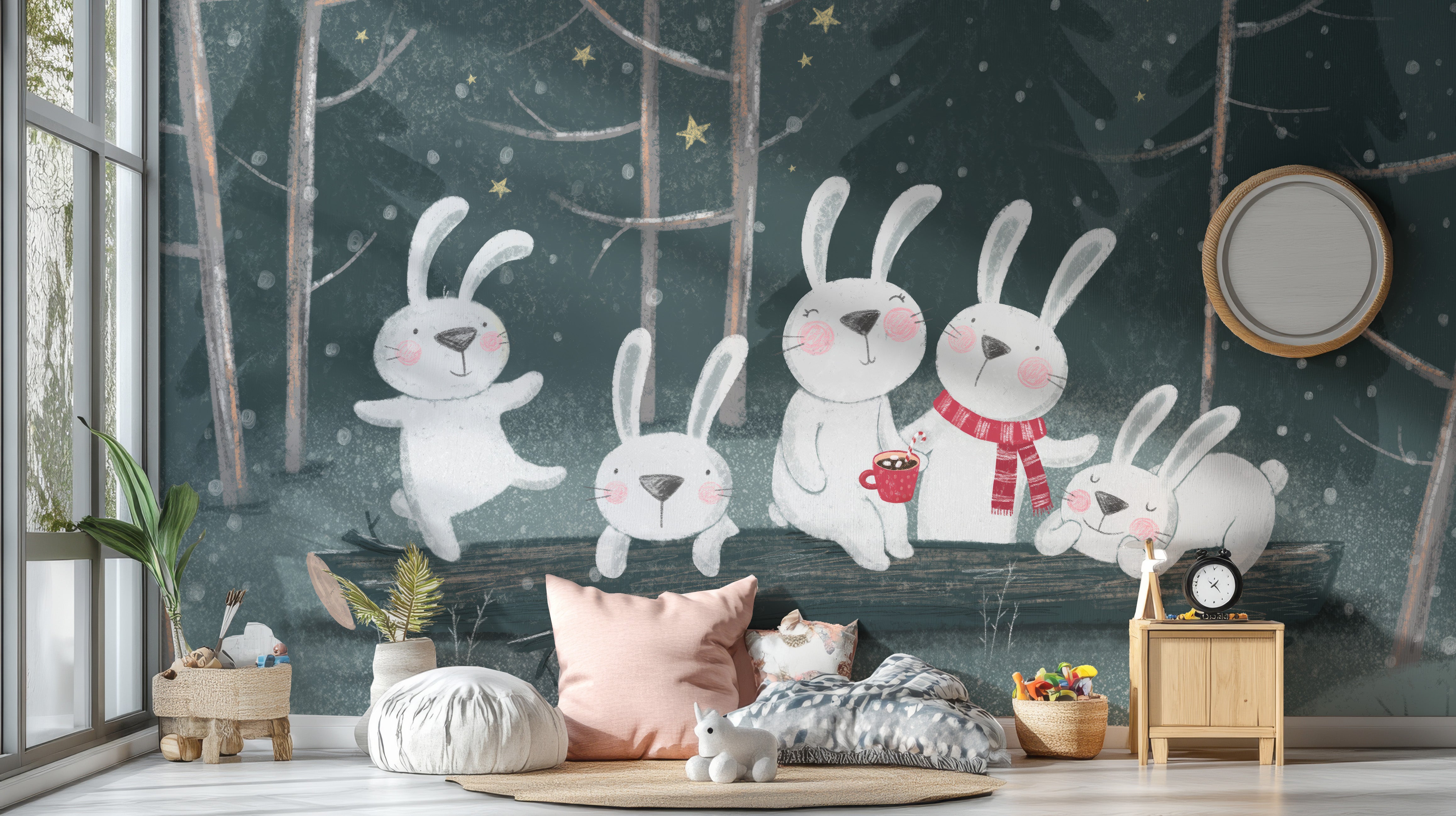 Rabbit and winter landscape mural for whimsical wall decor