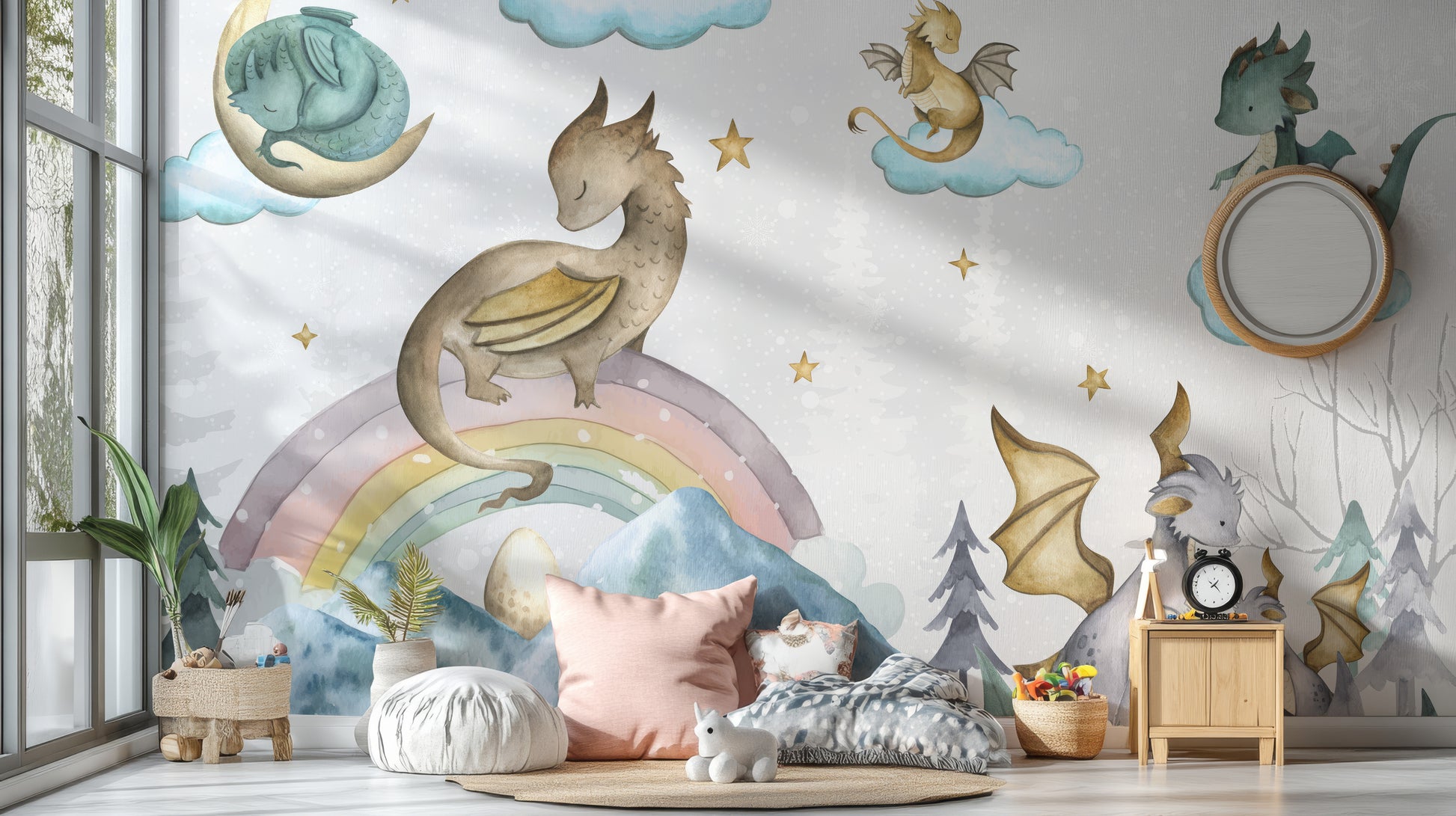 Artistic wall mural featuring a fairytale dragon soiree