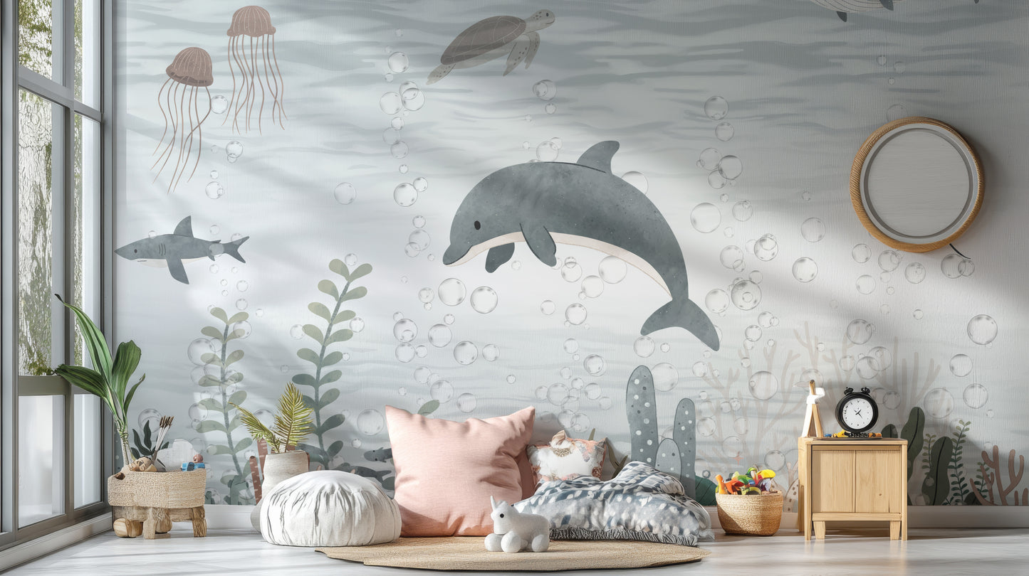 Playful dolphin wallpaper mural for marine-themed decor