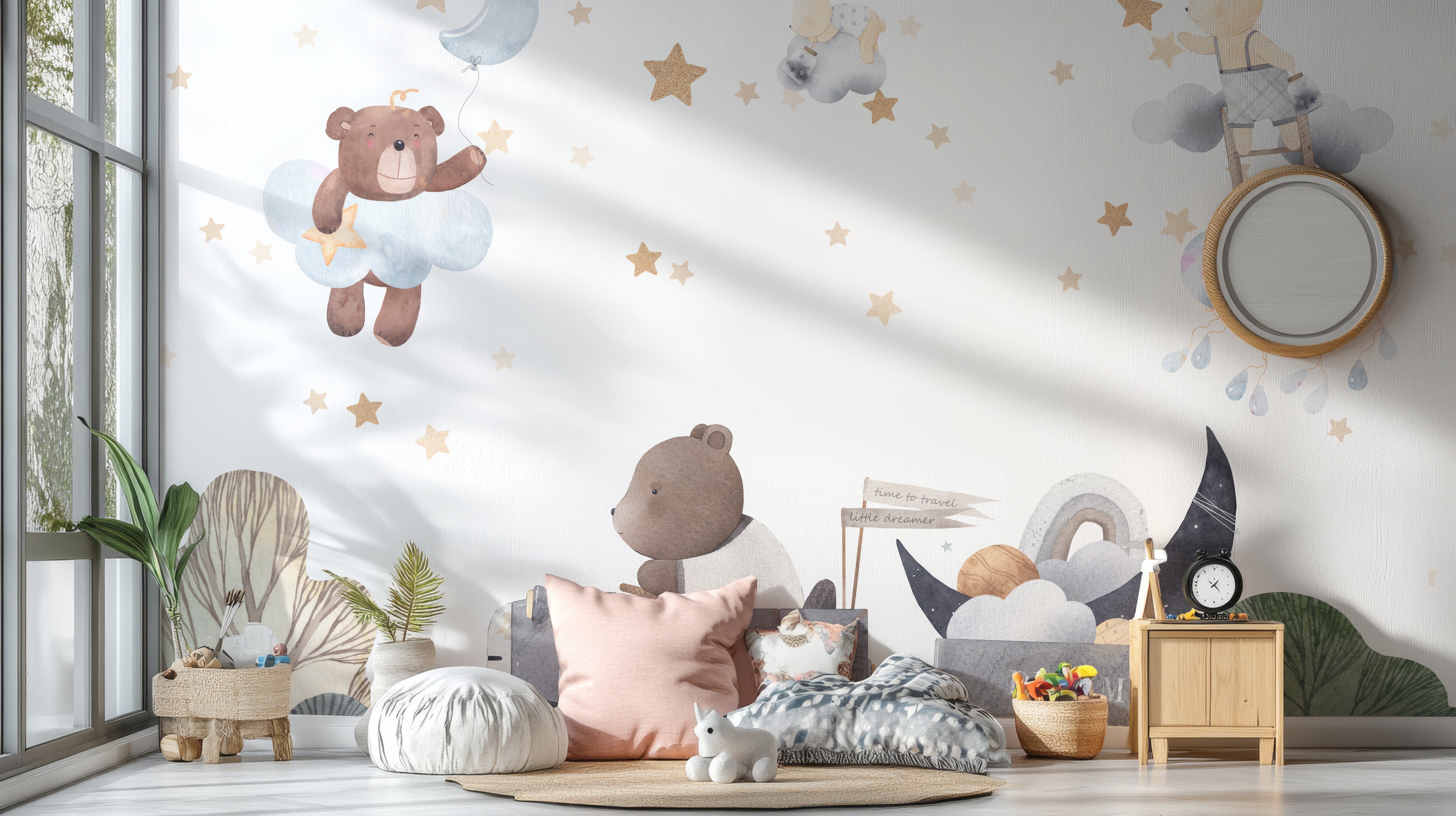 Removable charming cloud bears wallpaper for walls