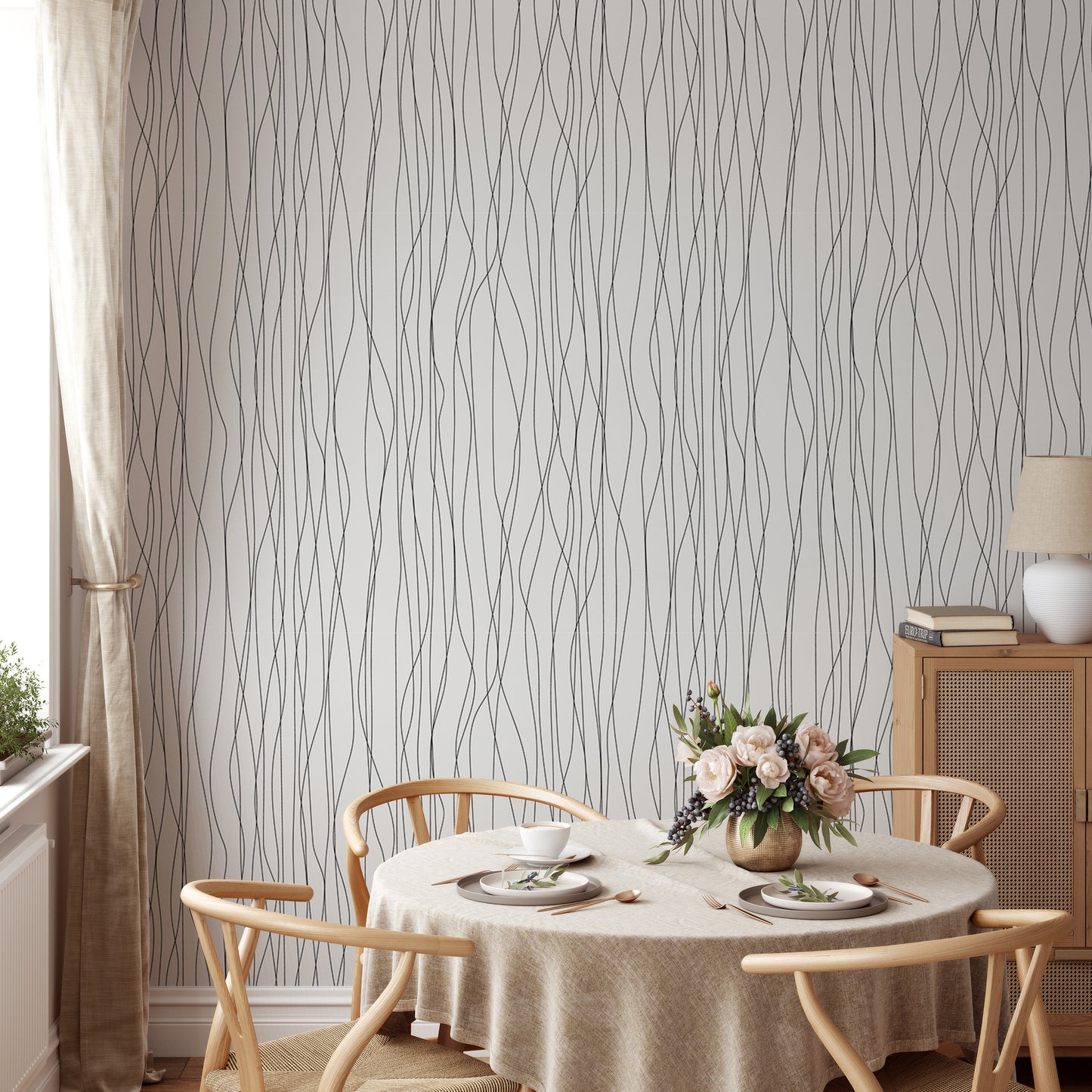 Seamless Black Lines and Curves Stripe Wallpaper