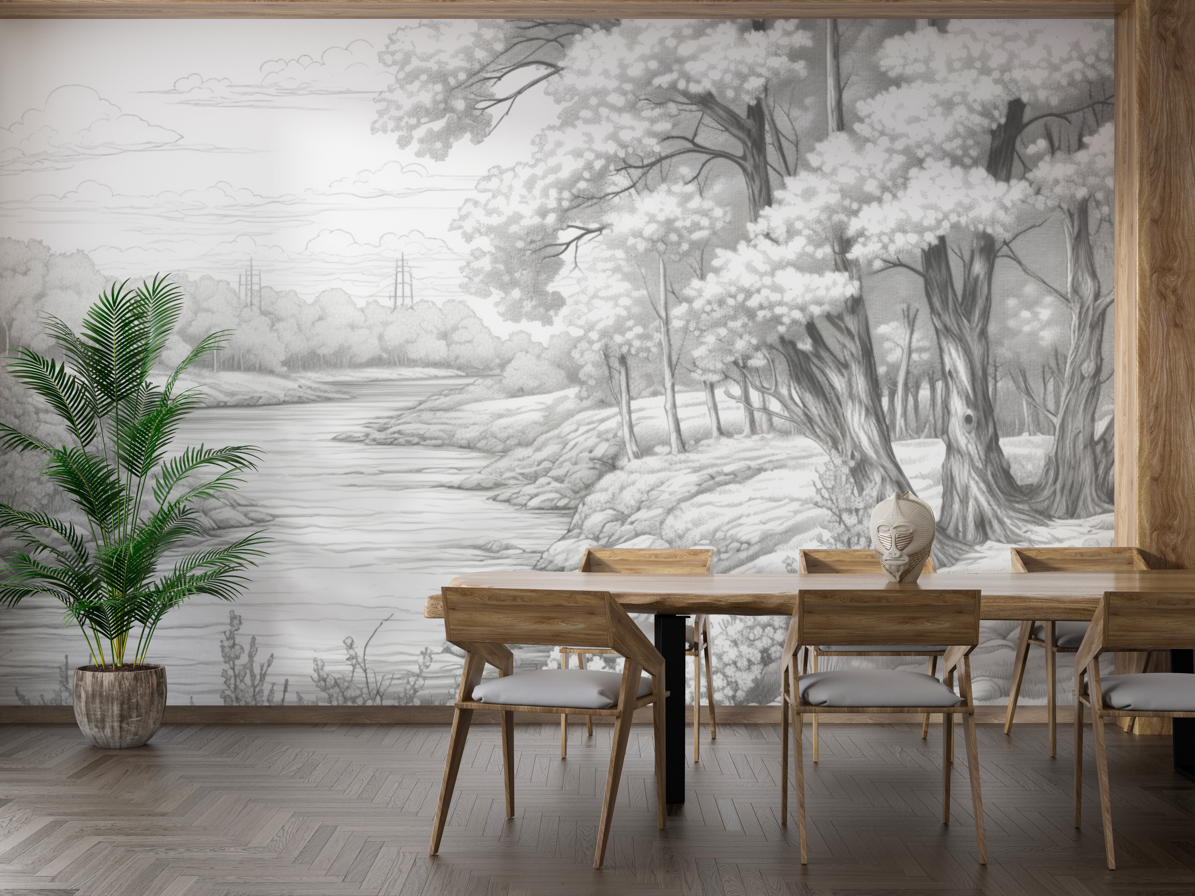 Soft grey forest mural for a tranquil home ambiance
