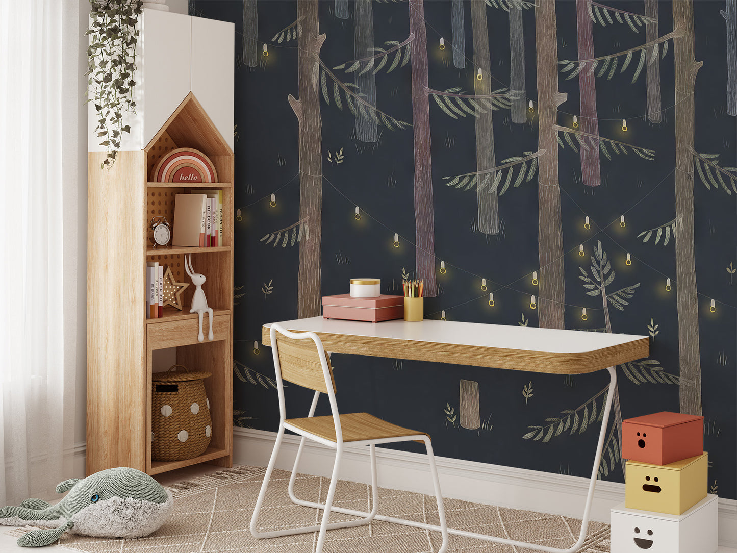 Self-adhesive string lights mural with tree design for interiors