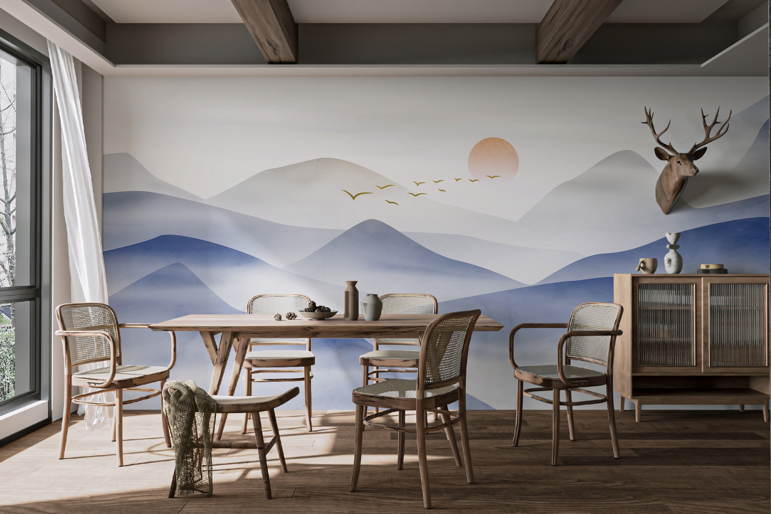 Calming mountain view wall covering