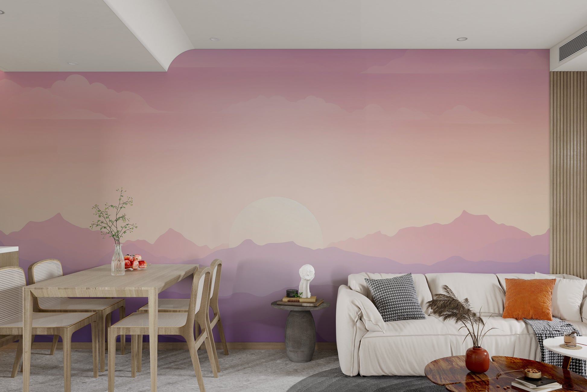 Layered misty peaks sunset mural
