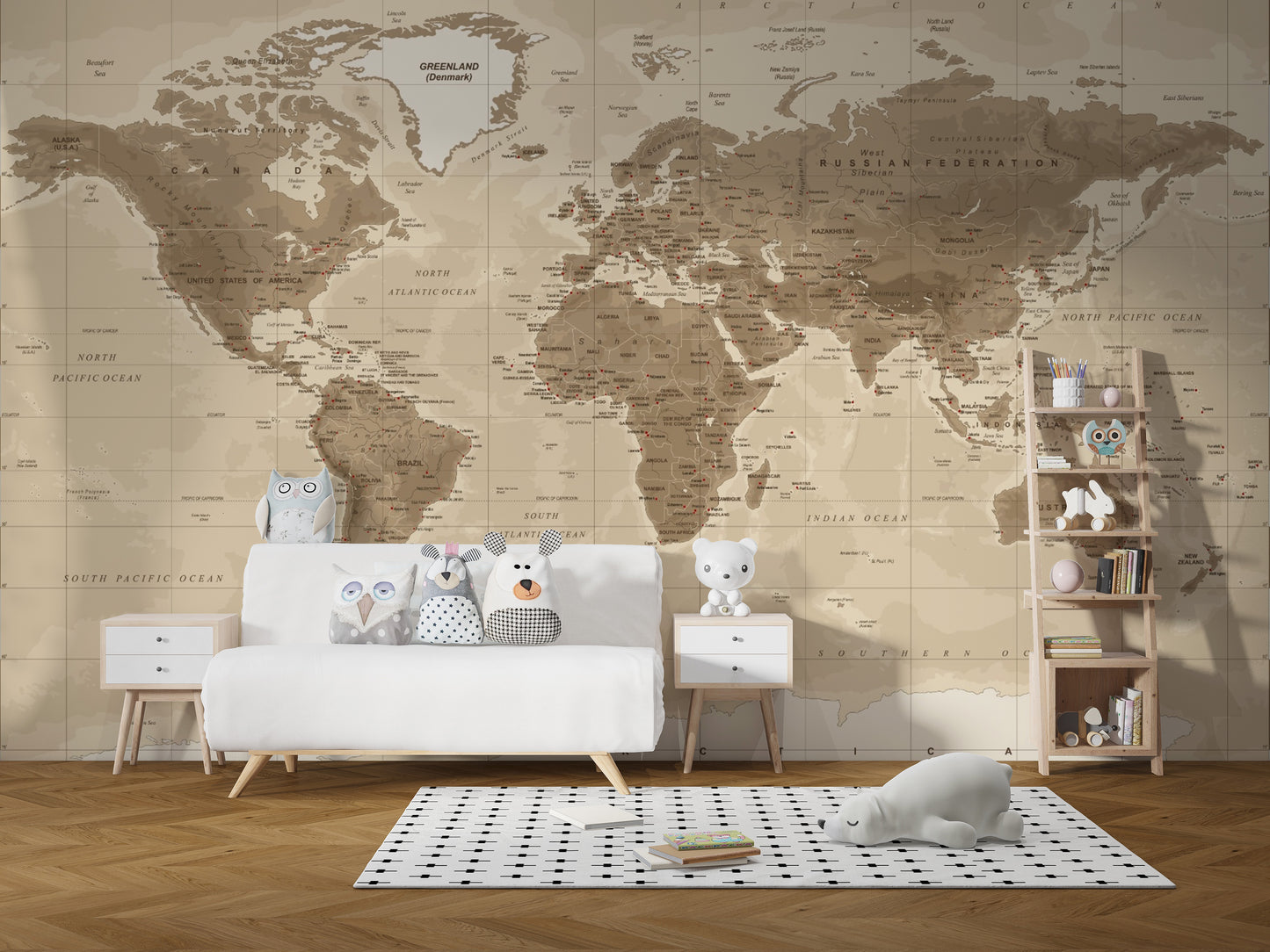 Vintage brown world map mural with detailed continents