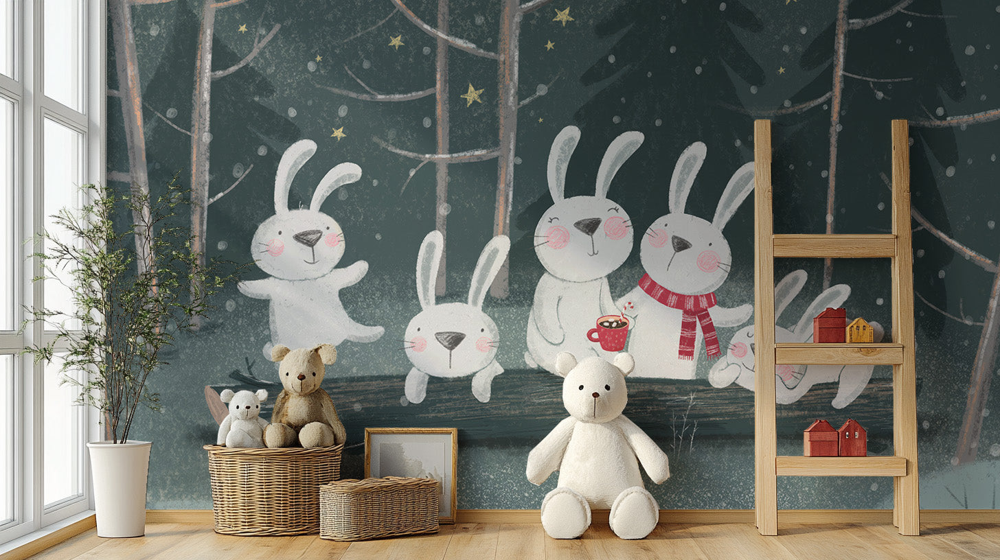 Snowy rabbit wallpaper mural for enchanting winter walls