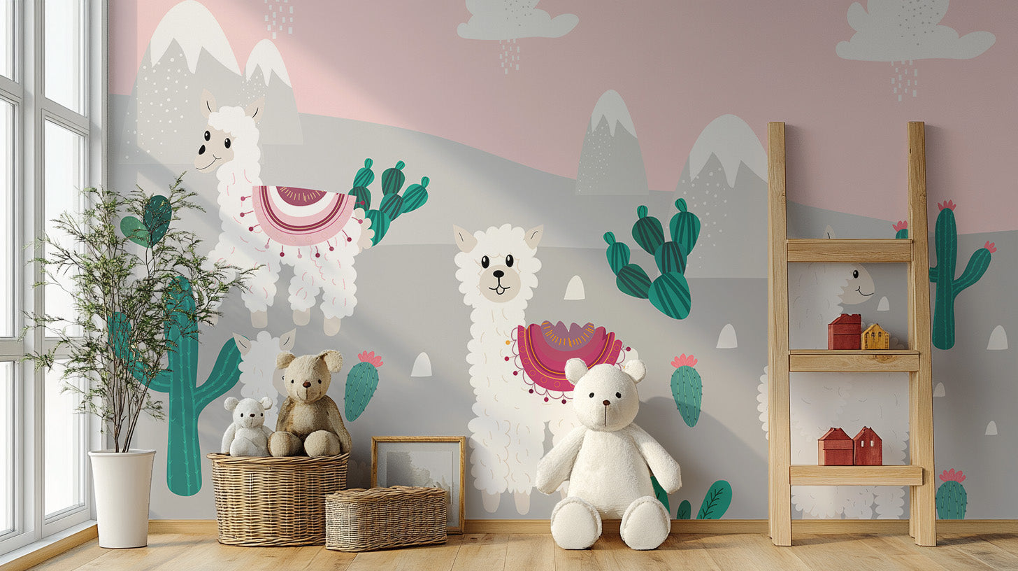 Vibrant mountain llamas mural for creating storytelling spaces