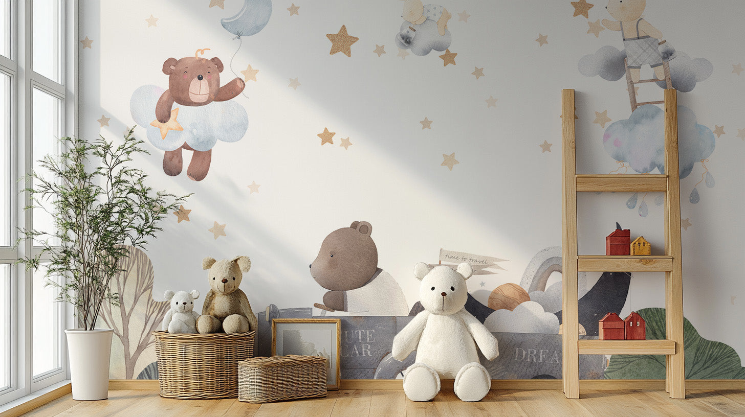 Peel and stick cloud bears mural for kids' rooms