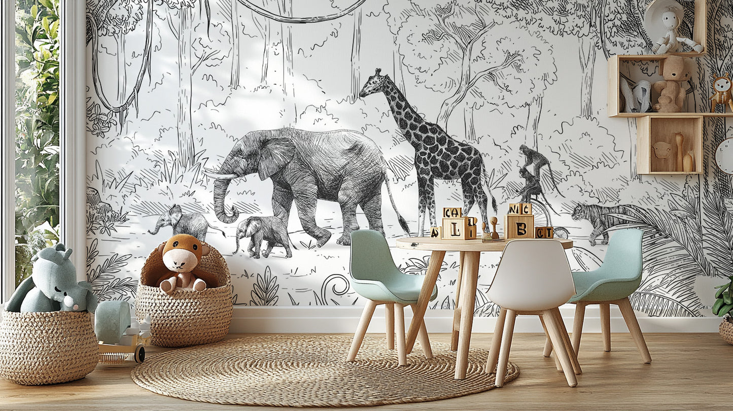 Black and white Animal Parade mural for unique spaces.
