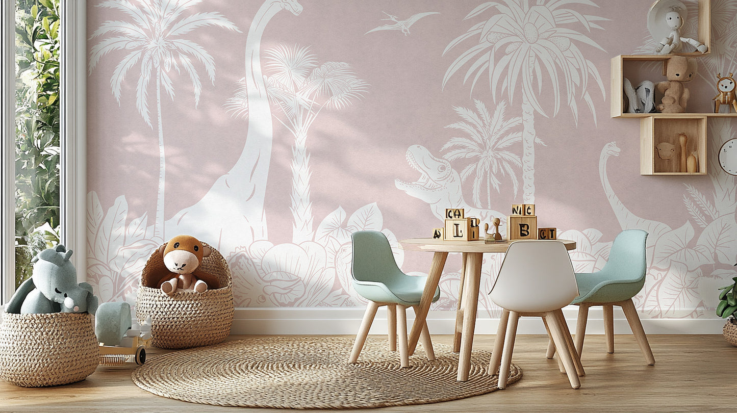 Monochrome Dino Pink mural brings prehistoric fun indoors.
