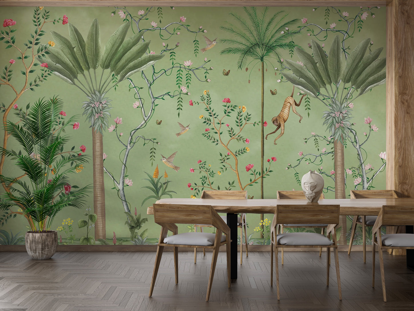 Elegant green tropical chinoiserie wallpaper for decor
